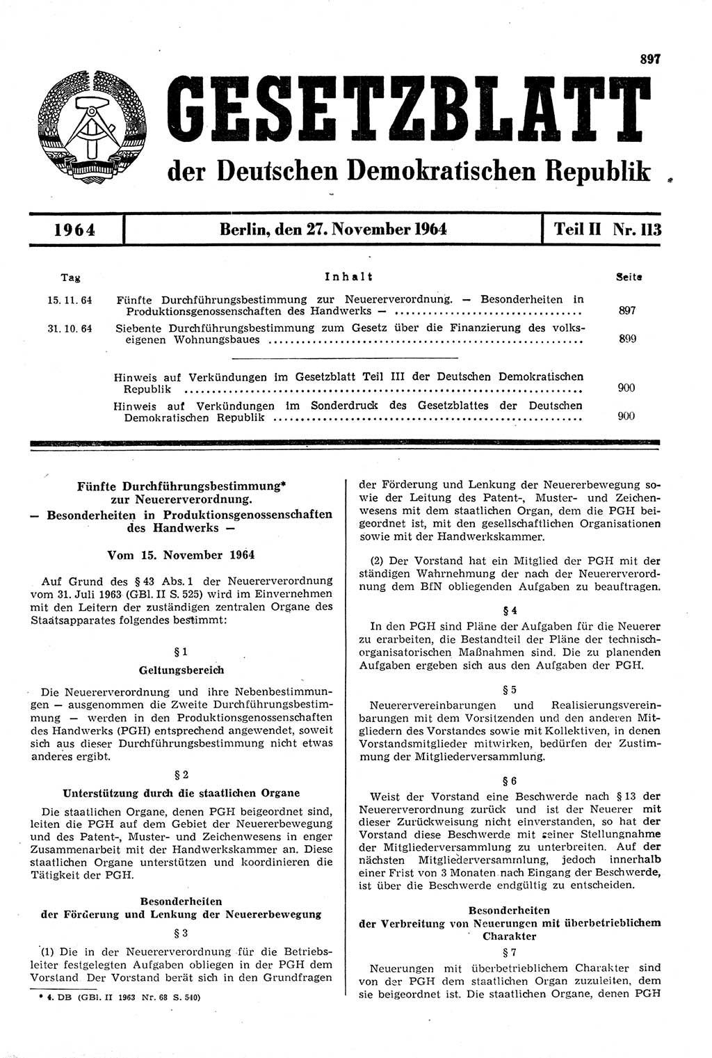 Gesetzblatt (GBl.) der Deutschen Demokratischen Republik (DDR) Teil ⅠⅠ 1964, Seite 897 (GBl. DDR ⅠⅠ 1964, S. 897)