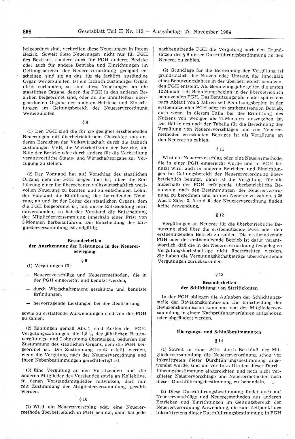 Gesetzblatt (GBl.) der Deutschen Demokratischen Republik (DDR) Teil ⅠⅠ 1964, Seite 898 (GBl. DDR ⅠⅠ 1964, S. 898)