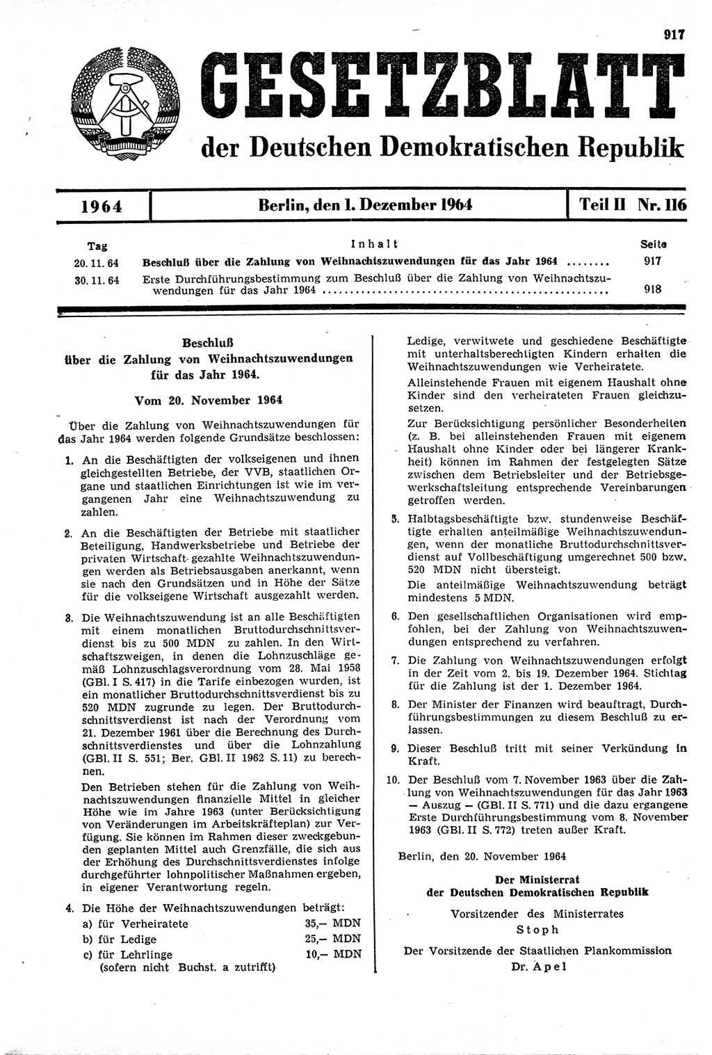 Gesetzblatt (GBl.) der Deutschen Demokratischen Republik (DDR) Teil ⅠⅠ 1964, Seite 917 (GBl. DDR ⅠⅠ 1964, S. 917)