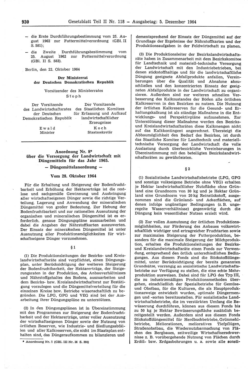 Gesetzblatt (GBl.) der Deutschen Demokratischen Republik (DDR) Teil ⅠⅠ 1964, Seite 930 (GBl. DDR ⅠⅠ 1964, S. 930)