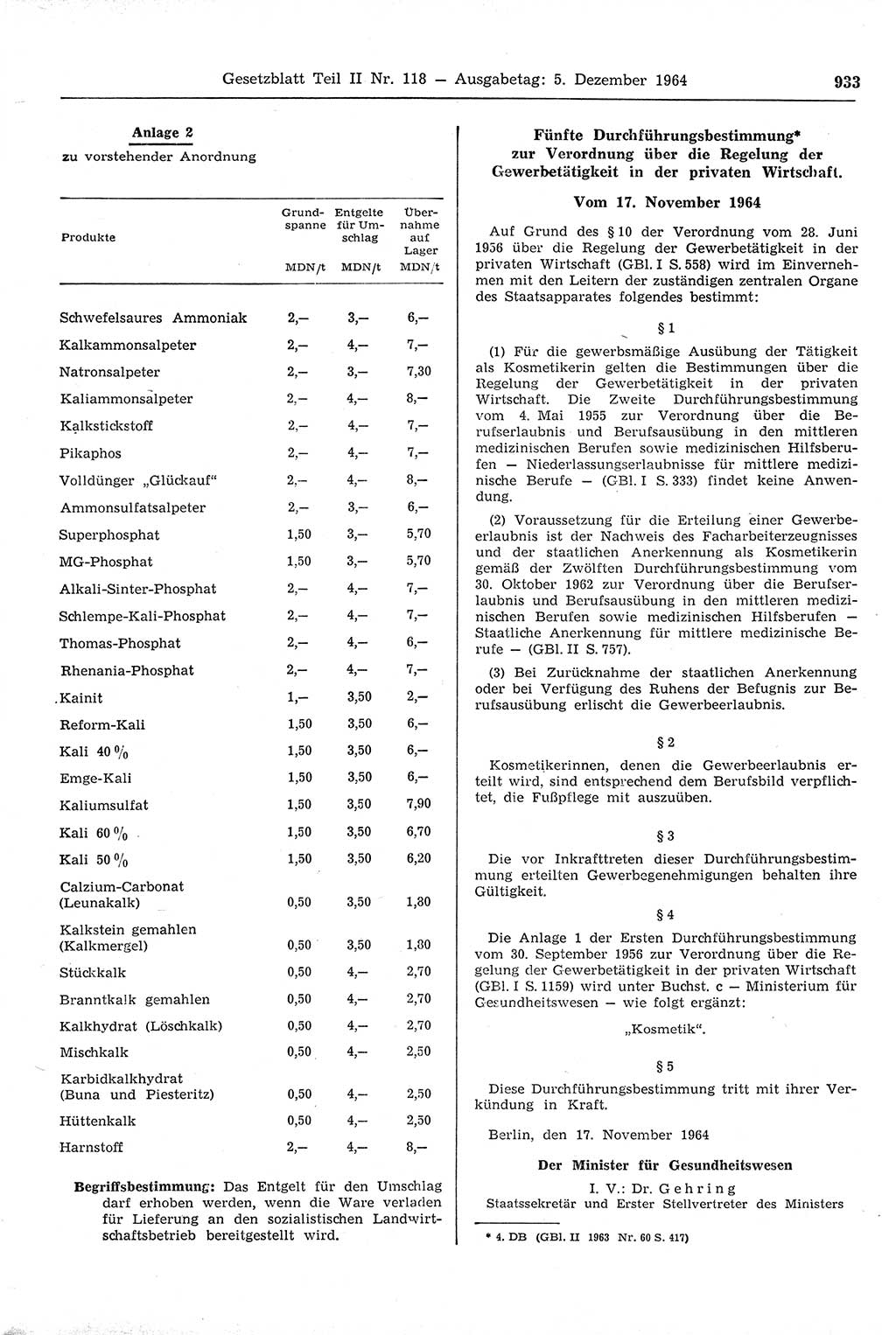 Gesetzblatt (GBl.) der Deutschen Demokratischen Republik (DDR) Teil ⅠⅠ 1964, Seite 933 (GBl. DDR ⅠⅠ 1964, S. 933)