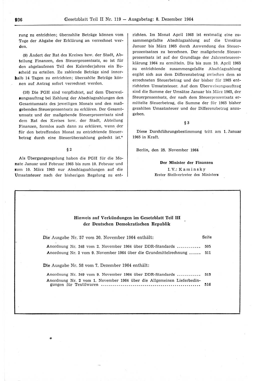 Gesetzblatt (GBl.) der Deutschen Demokratischen Republik (DDR) Teil ⅠⅠ 1964, Seite 936 (GBl. DDR ⅠⅠ 1964, S. 936)