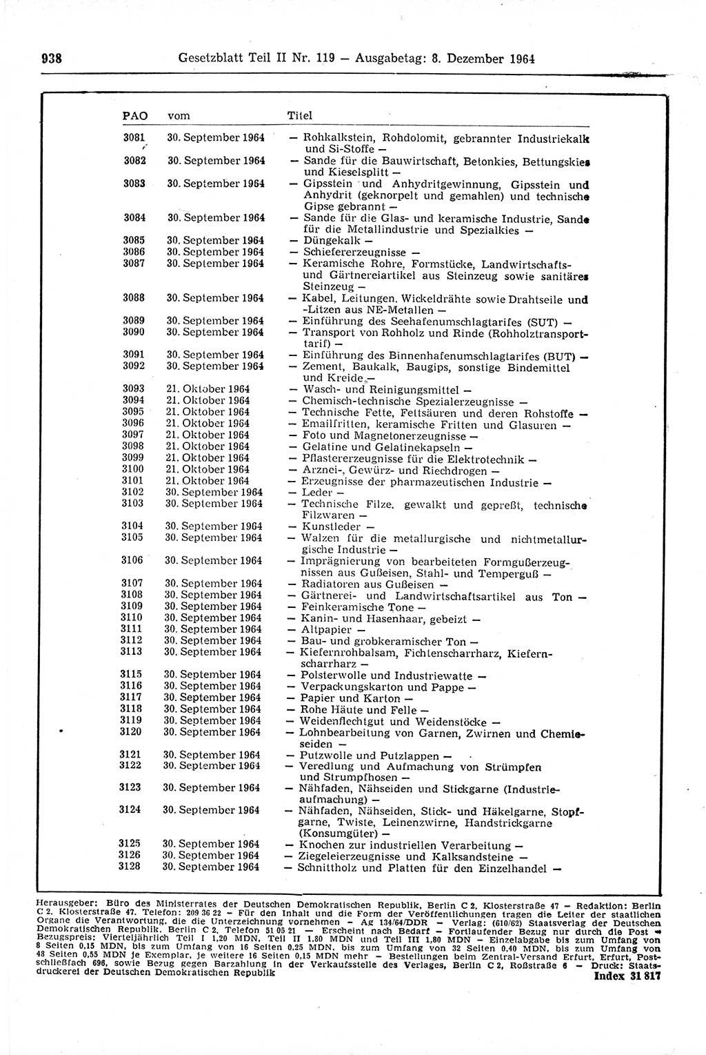 Gesetzblatt (GBl.) der Deutschen Demokratischen Republik (DDR) Teil ⅠⅠ 1964, Seite 938 (GBl. DDR ⅠⅠ 1964, S. 938)