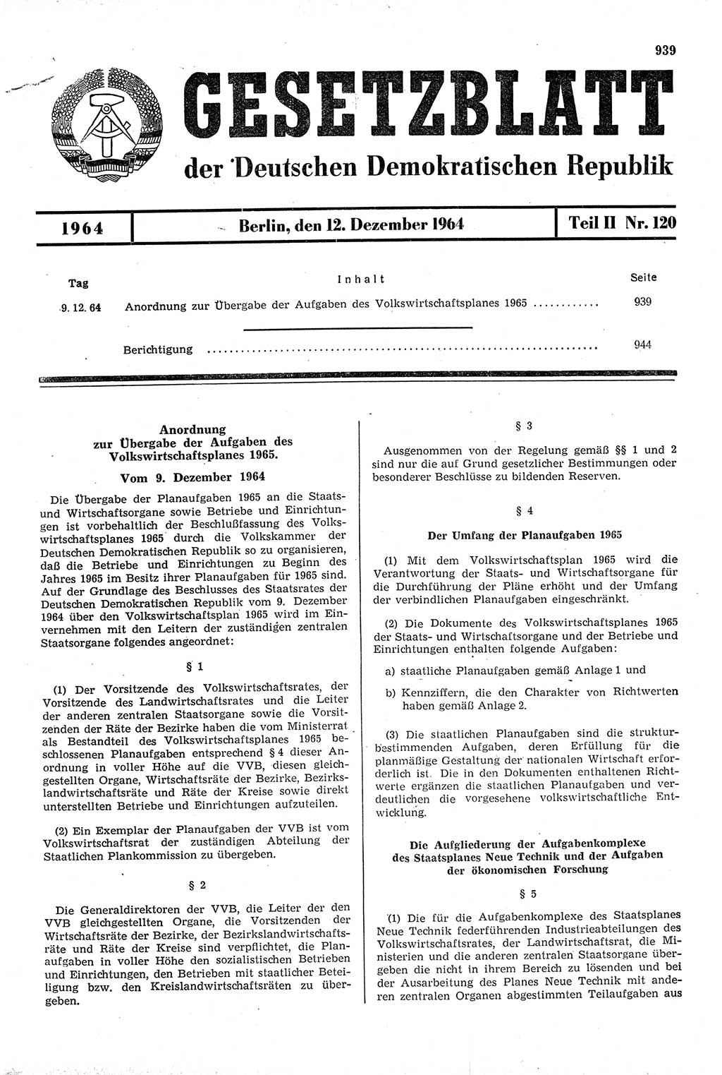 Gesetzblatt (GBl.) der Deutschen Demokratischen Republik (DDR) Teil ⅠⅠ 1964, Seite 939 (GBl. DDR ⅠⅠ 1964, S. 939)