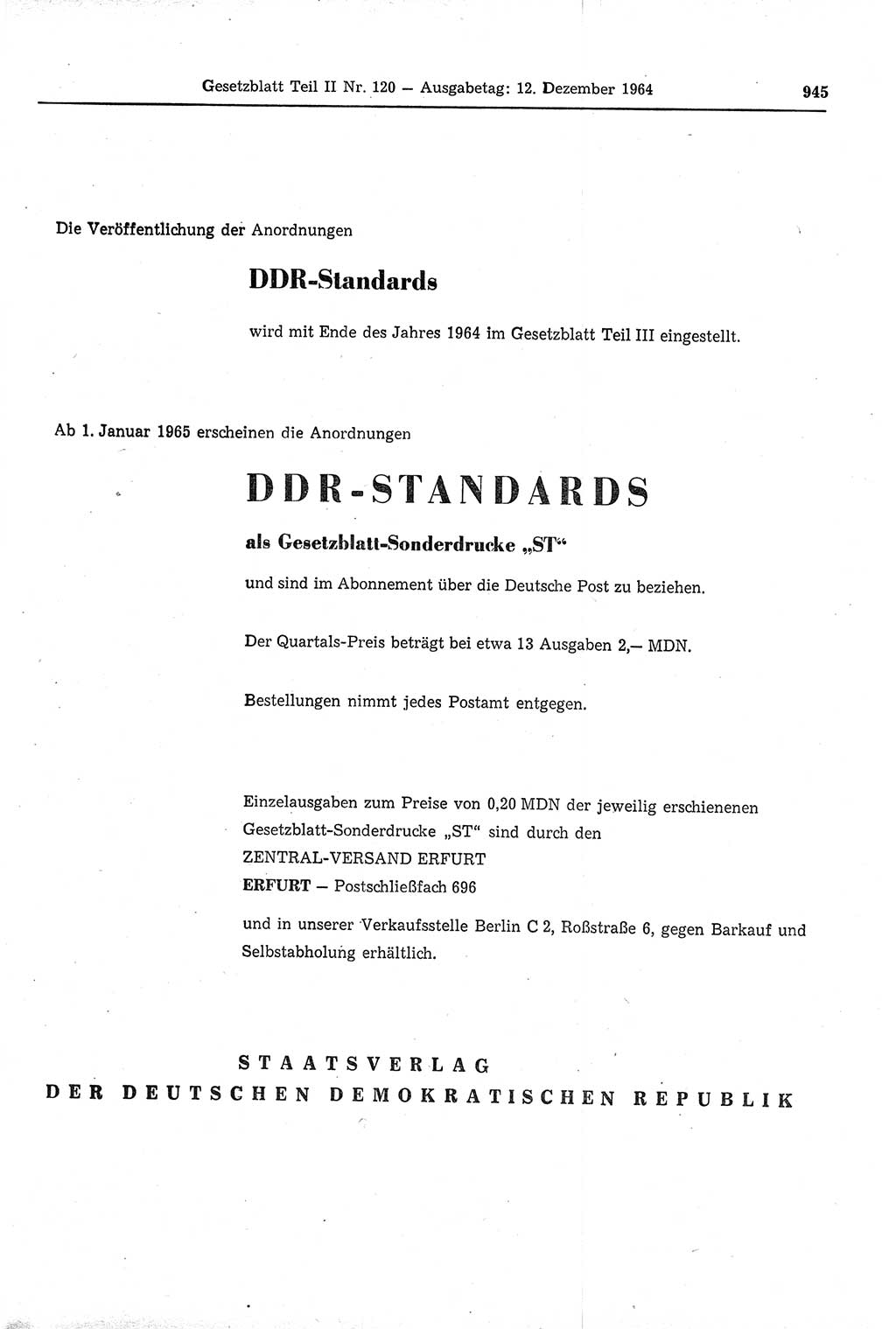 Gesetzblatt (GBl.) der Deutschen Demokratischen Republik (DDR) Teil ⅠⅠ 1964, Seite 945 (GBl. DDR ⅠⅠ 1964, S. 945)