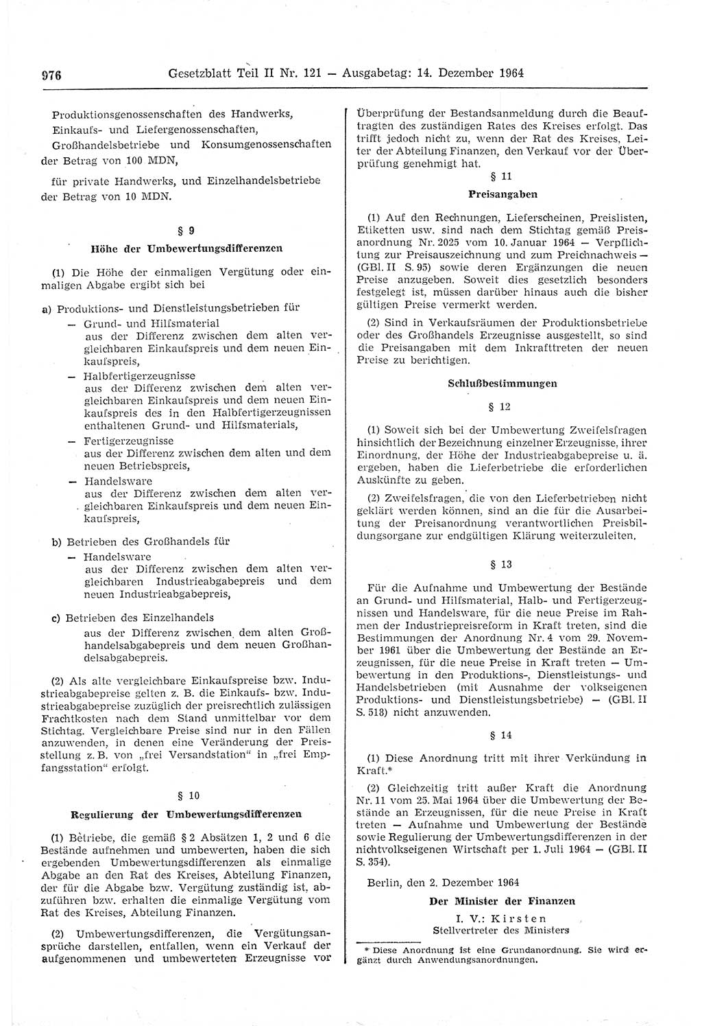 Gesetzblatt (GBl.) der Deutschen Demokratischen Republik (DDR) Teil ⅠⅠ 1964, Seite 976 (GBl. DDR ⅠⅠ 1964, S. 976)