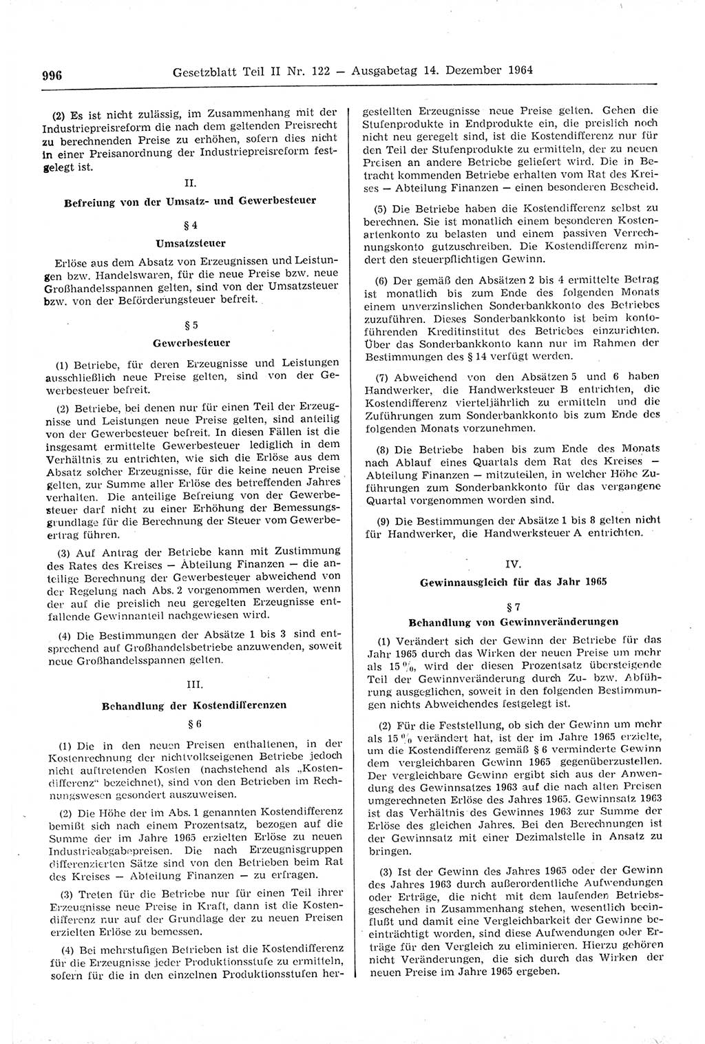 Gesetzblatt (GBl.) der Deutschen Demokratischen Republik (DDR) Teil ⅠⅠ 1964, Seite 996 (GBl. DDR ⅠⅠ 1964, S. 996)