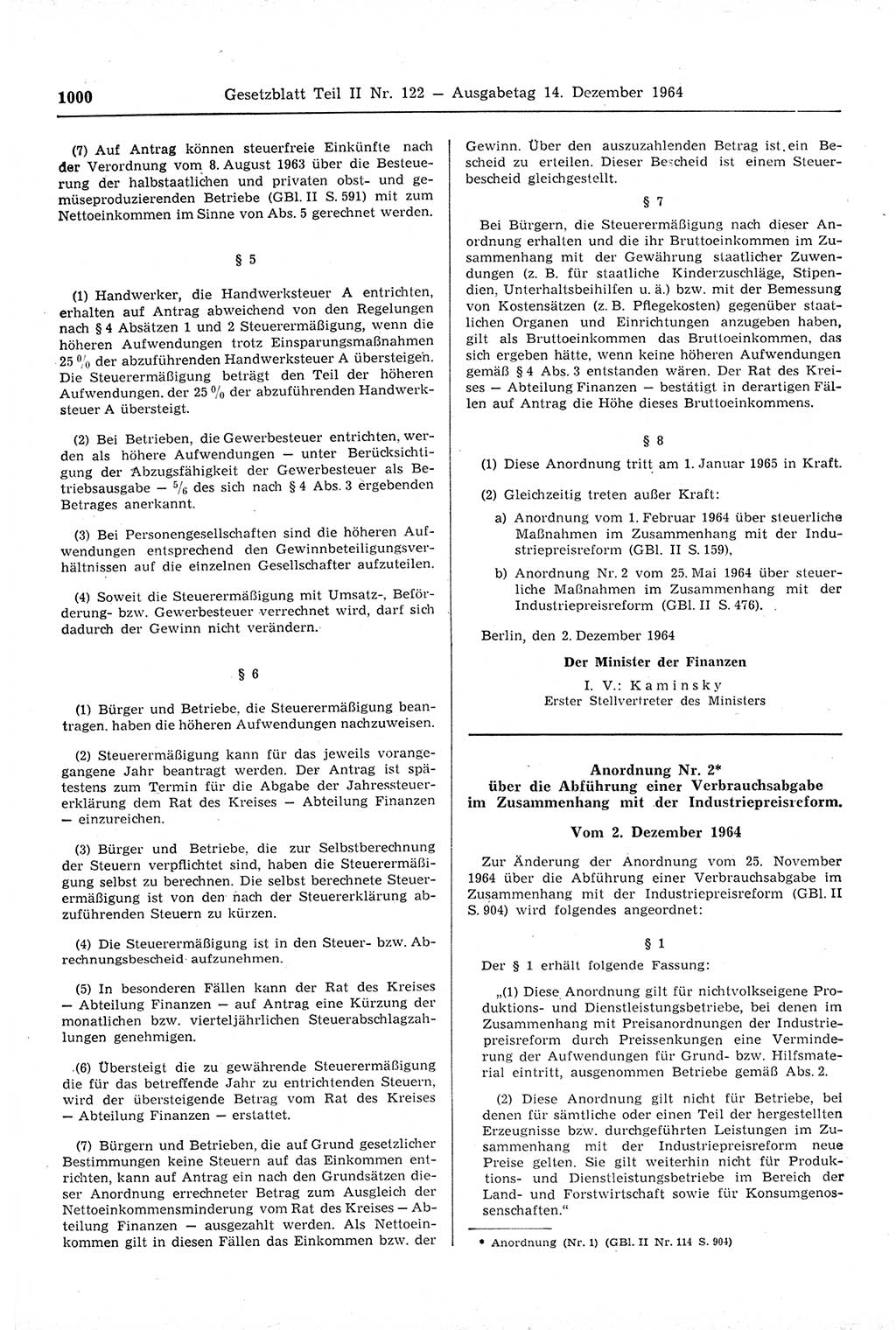 Gesetzblatt (GBl.) der Deutschen Demokratischen Republik (DDR) Teil ⅠⅠ 1964, Seite 1000 (GBl. DDR ⅠⅠ 1964, S. 1000)