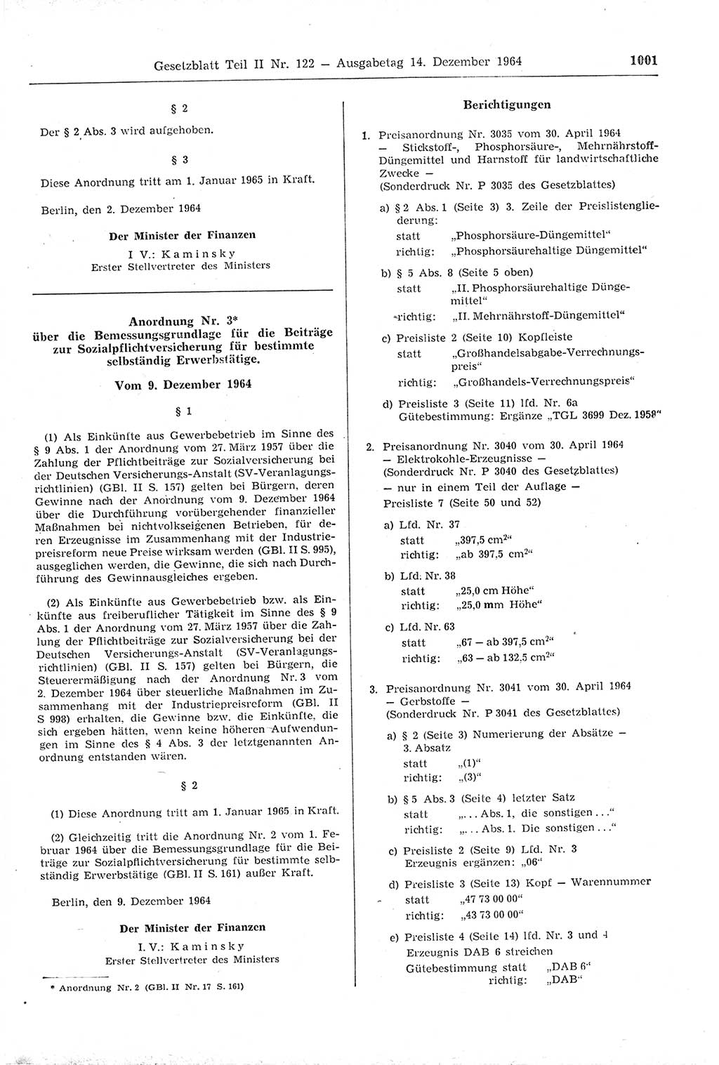 Gesetzblatt (GBl.) der Deutschen Demokratischen Republik (DDR) Teil ⅠⅠ 1964, Seite 1001 (GBl. DDR ⅠⅠ 1964, S. 1001)