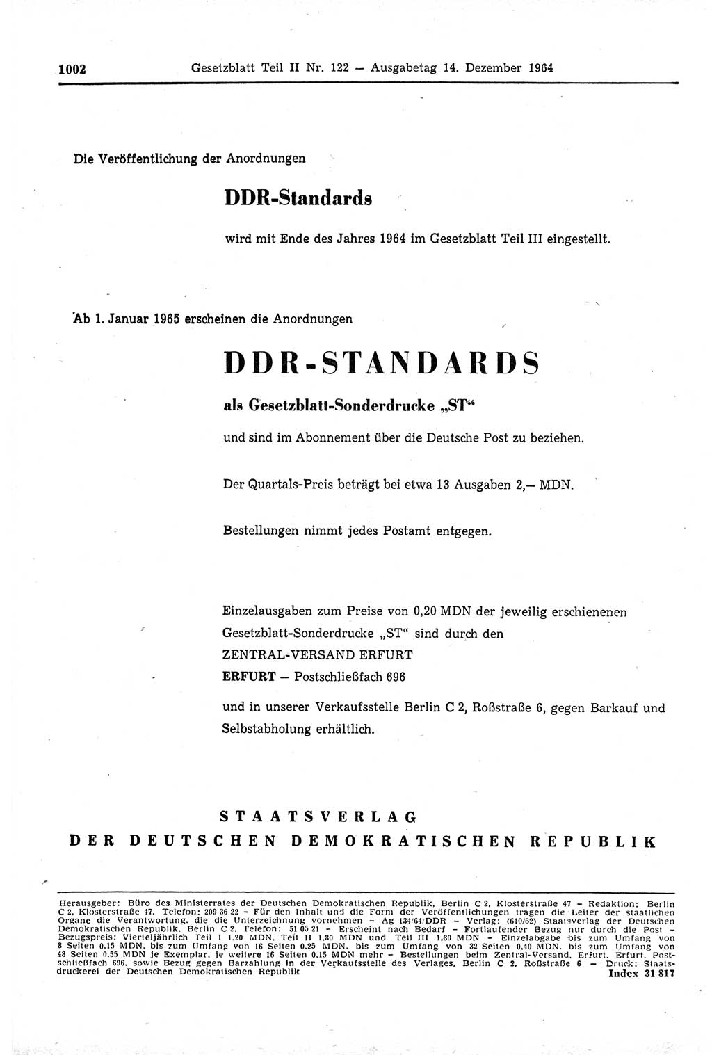 Gesetzblatt (GBl.) der Deutschen Demokratischen Republik (DDR) Teil ⅠⅠ 1964, Seite 1002 (GBl. DDR ⅠⅠ 1964, S. 1002)