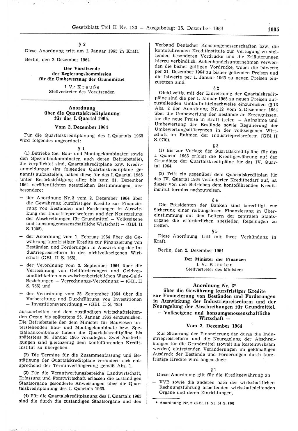 Gesetzblatt (GBl.) der Deutschen Demokratischen Republik (DDR) Teil ⅠⅠ 1964, Seite 1005 (GBl. DDR ⅠⅠ 1964, S. 1005)