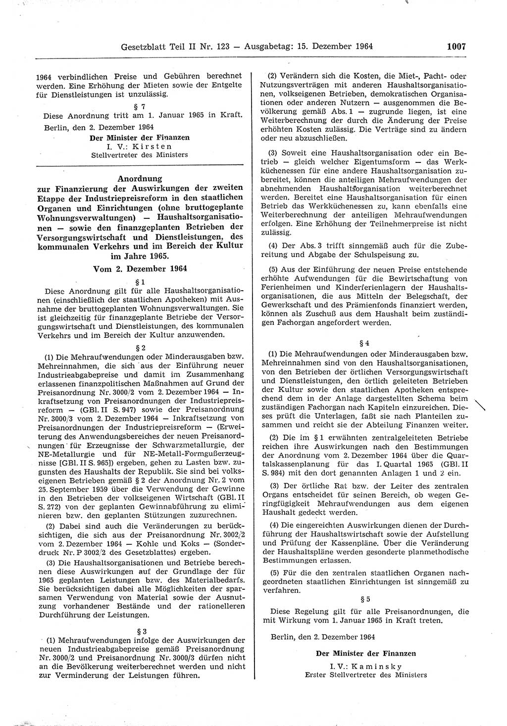 Gesetzblatt (GBl.) der Deutschen Demokratischen Republik (DDR) Teil ⅠⅠ 1964, Seite 1007 (GBl. DDR ⅠⅠ 1964, S. 1007)