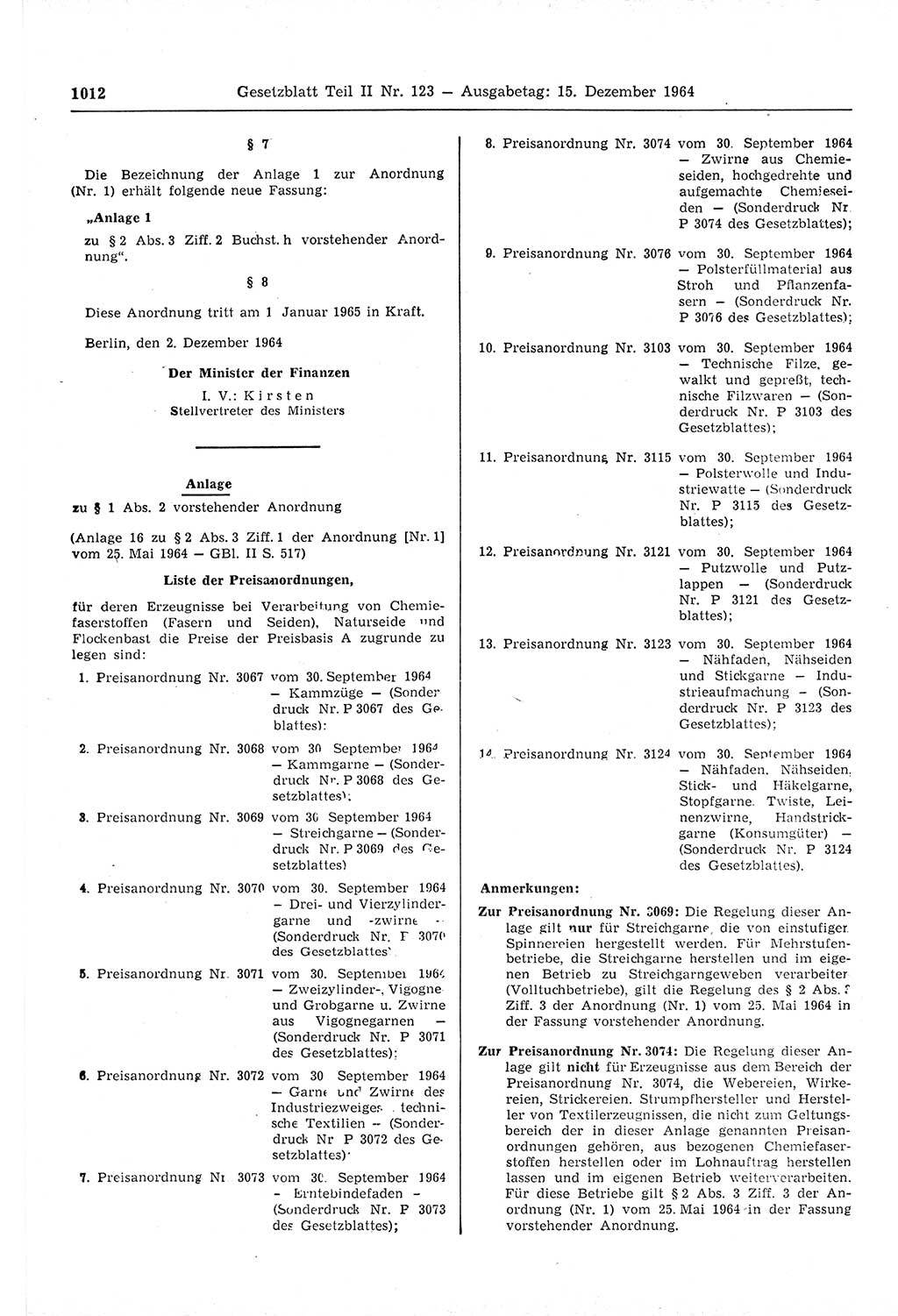 Gesetzblatt (GBl.) der Deutschen Demokratischen Republik (DDR) Teil ⅠⅠ 1964, Seite 1012 (GBl. DDR ⅠⅠ 1964, S. 1012)
