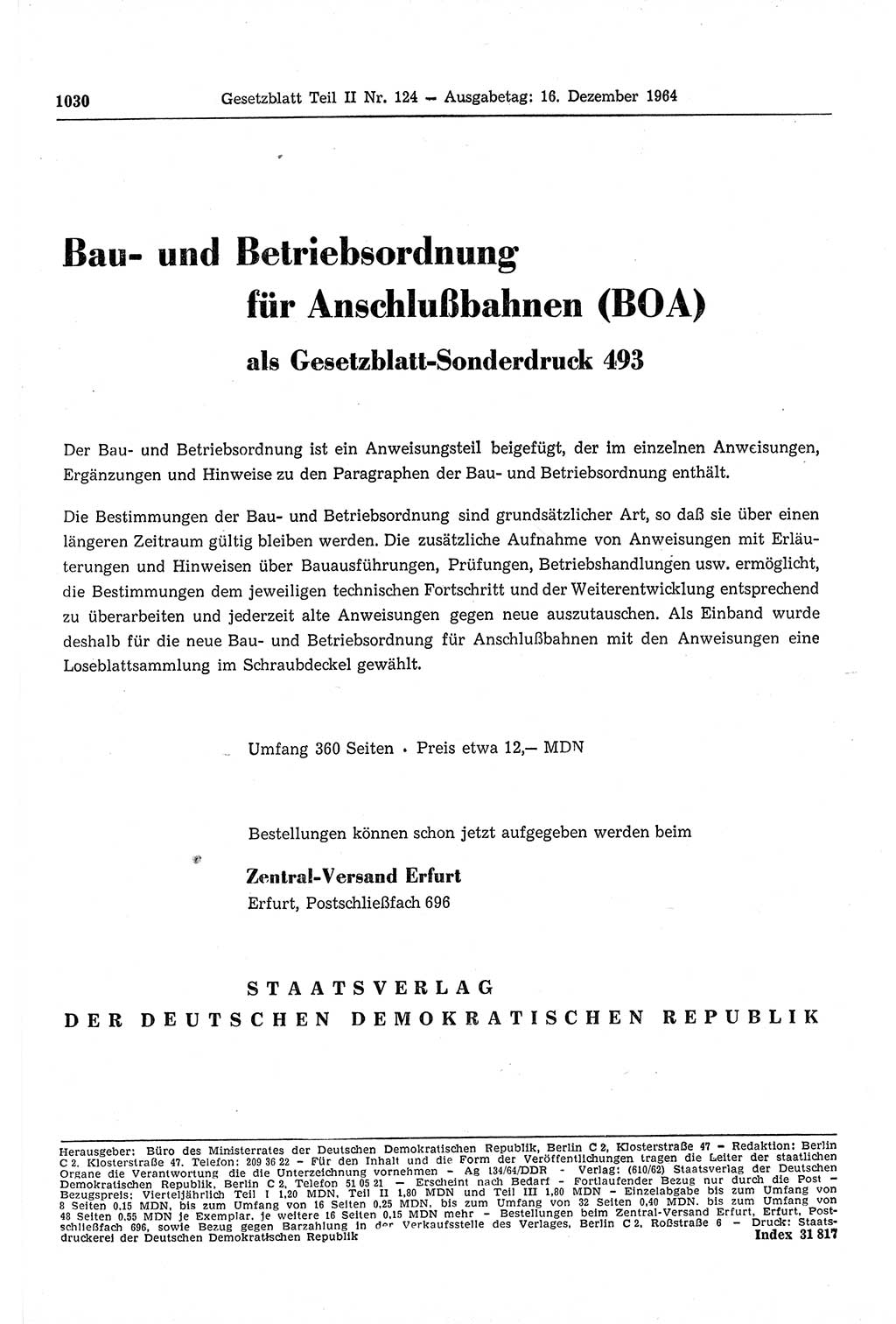 Gesetzblatt (GBl.) der Deutschen Demokratischen Republik (DDR) Teil ⅠⅠ 1964, Seite 1030 (GBl. DDR ⅠⅠ 1964, S. 1030)