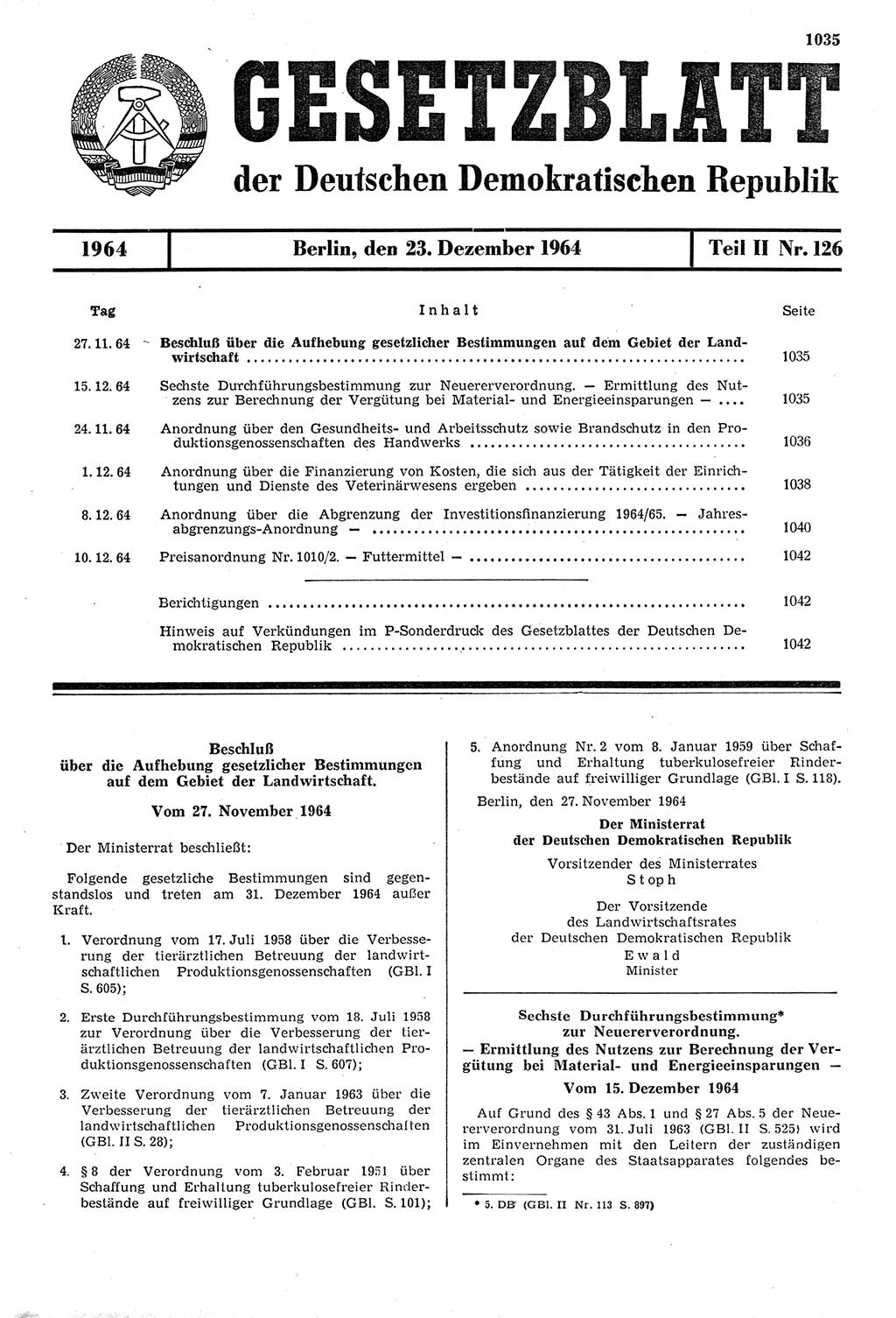 Gesetzblatt (GBl.) der Deutschen Demokratischen Republik (DDR) Teil ⅠⅠ 1964, Seite 1035 (GBl. DDR ⅠⅠ 1964, S. 1035)