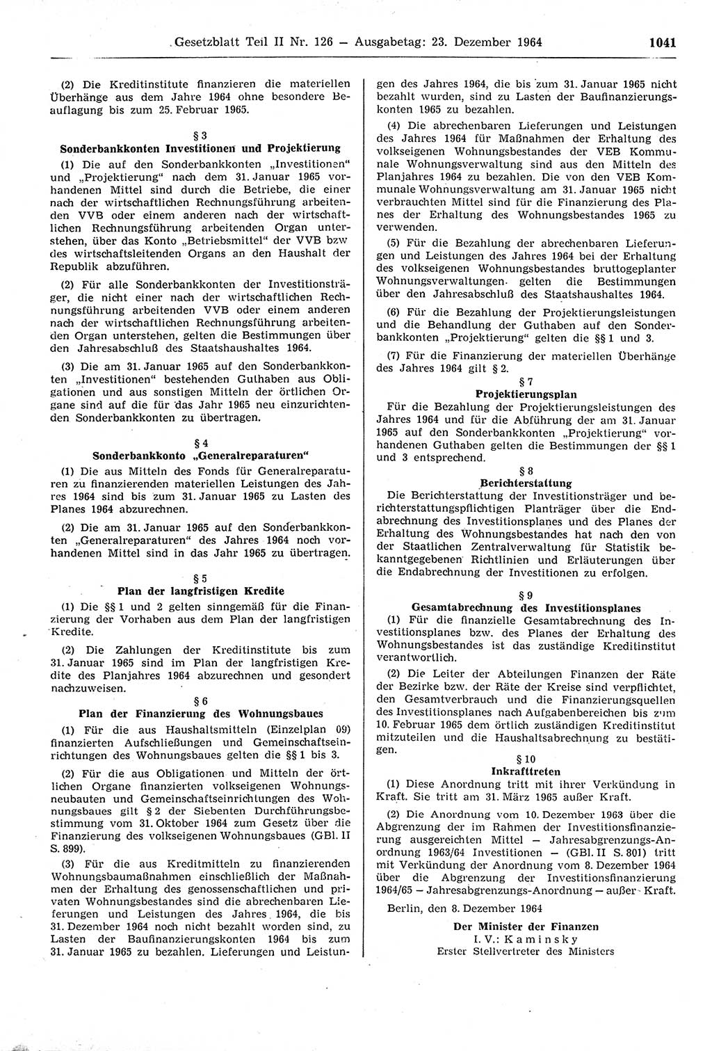 Gesetzblatt (GBl.) der Deutschen Demokratischen Republik (DDR) Teil ⅠⅠ 1964, Seite 1041 (GBl. DDR ⅠⅠ 1964, S. 1041)