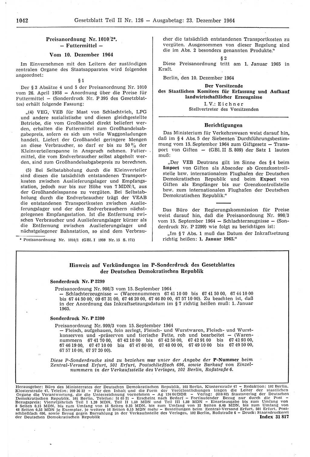 Gesetzblatt (GBl.) der Deutschen Demokratischen Republik (DDR) Teil ⅠⅠ 1964, Seite 1042 (GBl. DDR ⅠⅠ 1964, S. 1042)