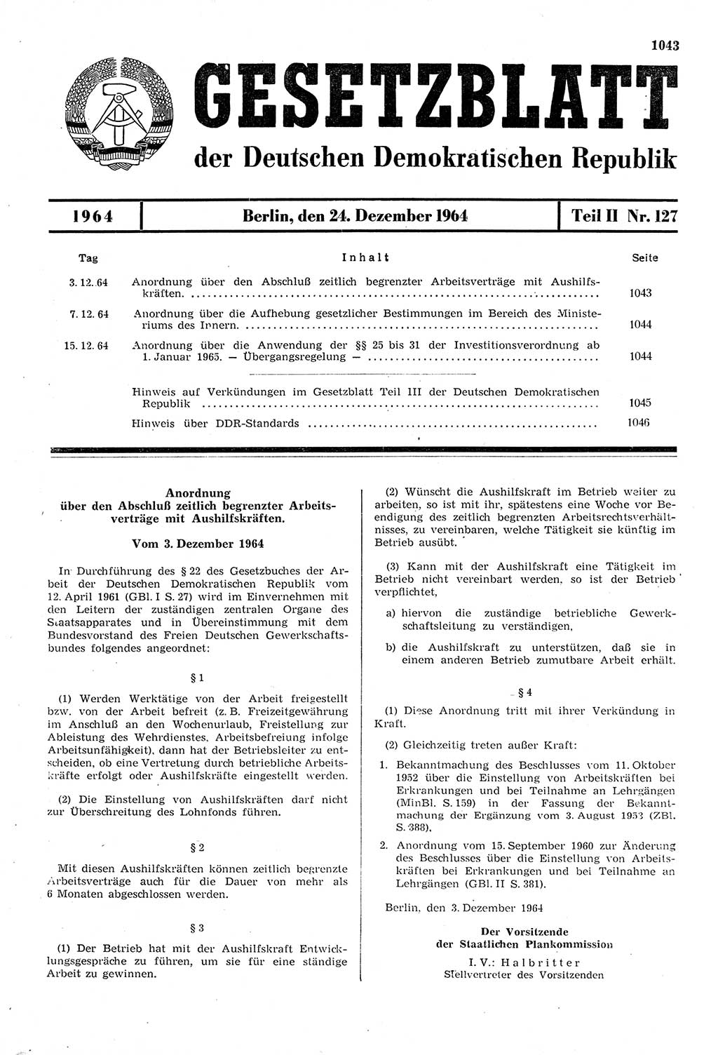 Gesetzblatt (GBl.) der Deutschen Demokratischen Republik (DDR) Teil ⅠⅠ 1964, Seite 1043 (GBl. DDR ⅠⅠ 1964, S. 1043)