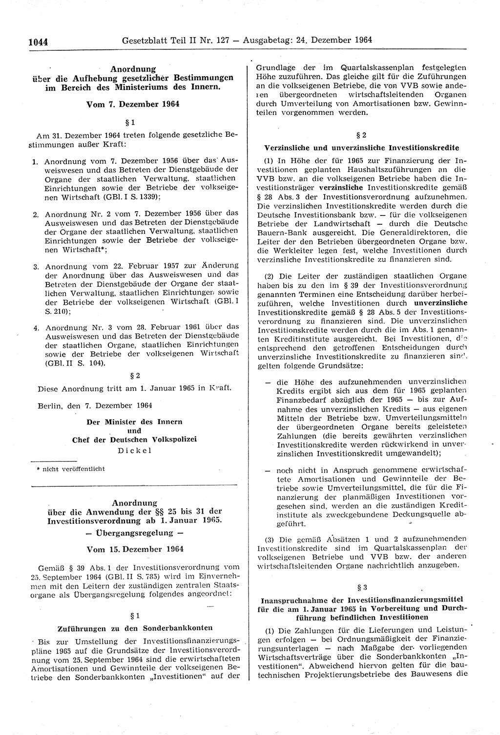 Gesetzblatt (GBl.) der Deutschen Demokratischen Republik (DDR) Teil ⅠⅠ 1964, Seite 1044 (GBl. DDR ⅠⅠ 1964, S. 1044)