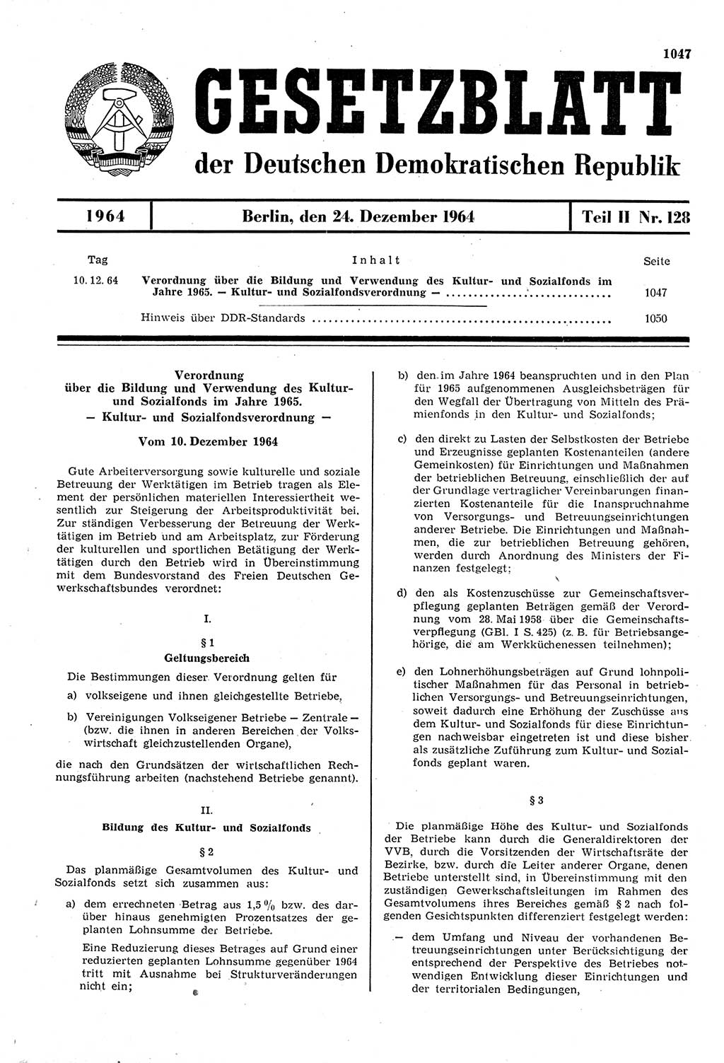 Gesetzblatt (GBl.) der Deutschen Demokratischen Republik (DDR) Teil ⅠⅠ 1964, Seite 1047 (GBl. DDR ⅠⅠ 1964, S. 1047)