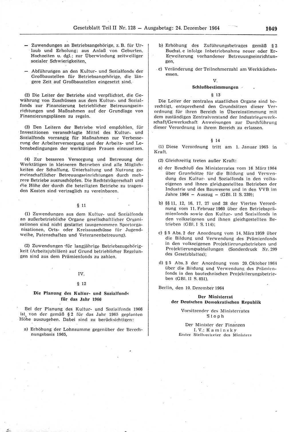 Gesetzblatt (GBl.) der Deutschen Demokratischen Republik (DDR) Teil ⅠⅠ 1964, Seite 1049 (GBl. DDR ⅠⅠ 1964, S. 1049)