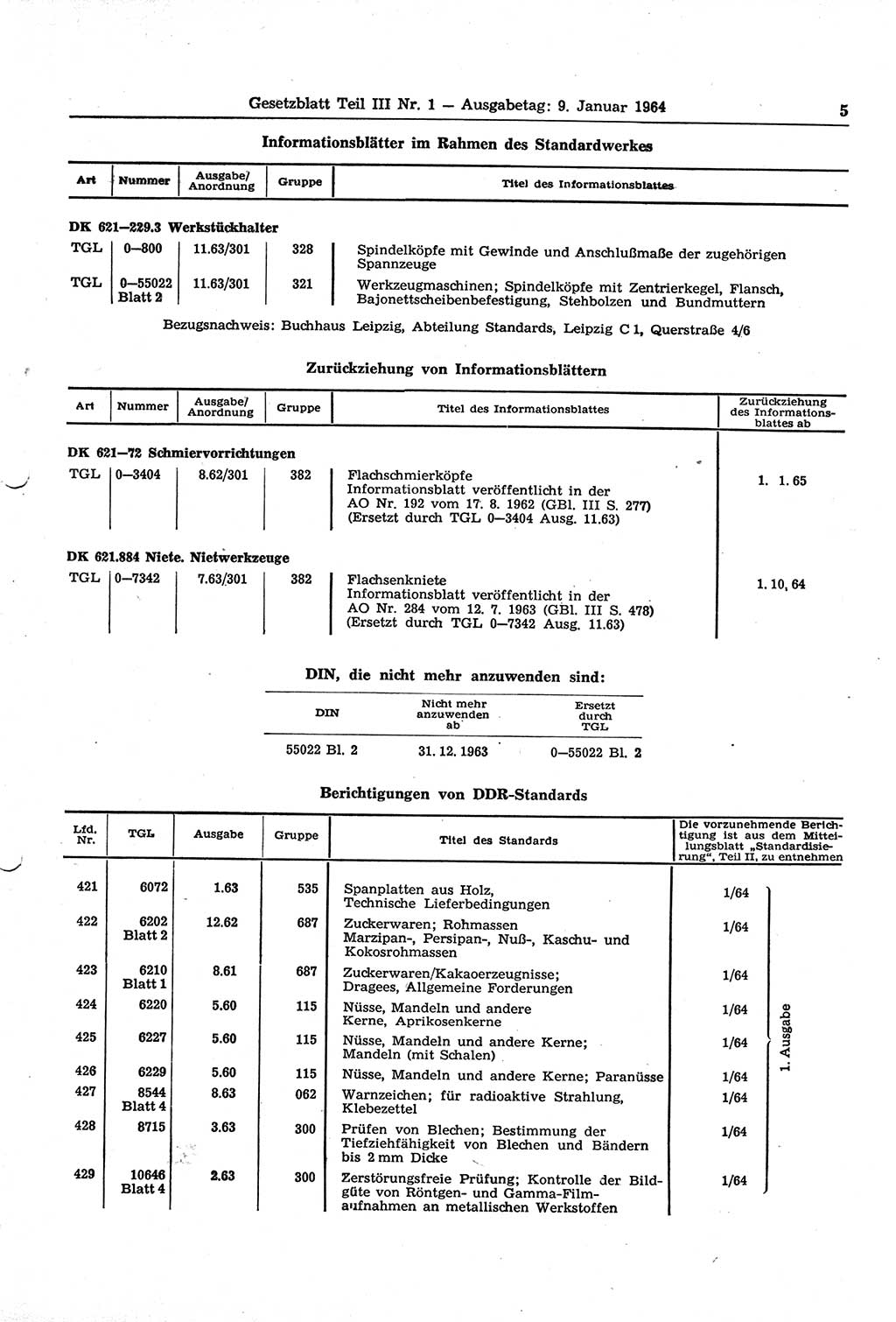 Gesetzblatt (GBl.) der Deutschen Demokratischen Republik (DDR) Teil ⅠⅠⅠ 1964, Seite 5 (GBl. DDR ⅠⅠⅠ 1964, S. 5)