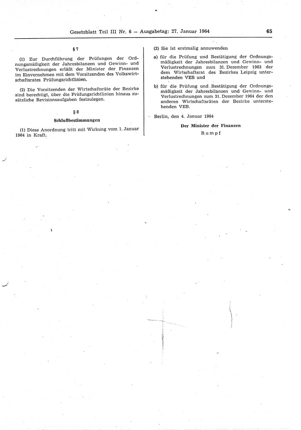 Gesetzblatt (GBl.) der Deutschen Demokratischen Republik (DDR) Teil ⅠⅠⅠ 1964, Seite 65 (GBl. DDR ⅠⅠⅠ 1964, S. 65)
