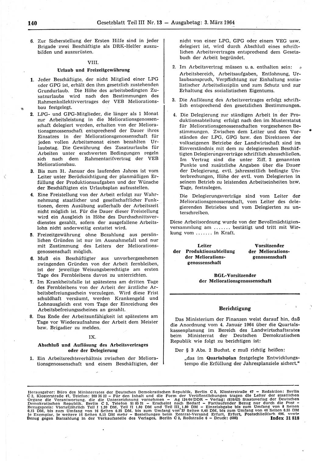 Gesetzblatt (GBl.) der Deutschen Demokratischen Republik (DDR) Teil ⅠⅠⅠ 1964, Seite 140 (GBl. DDR ⅠⅠⅠ 1964, S. 140)