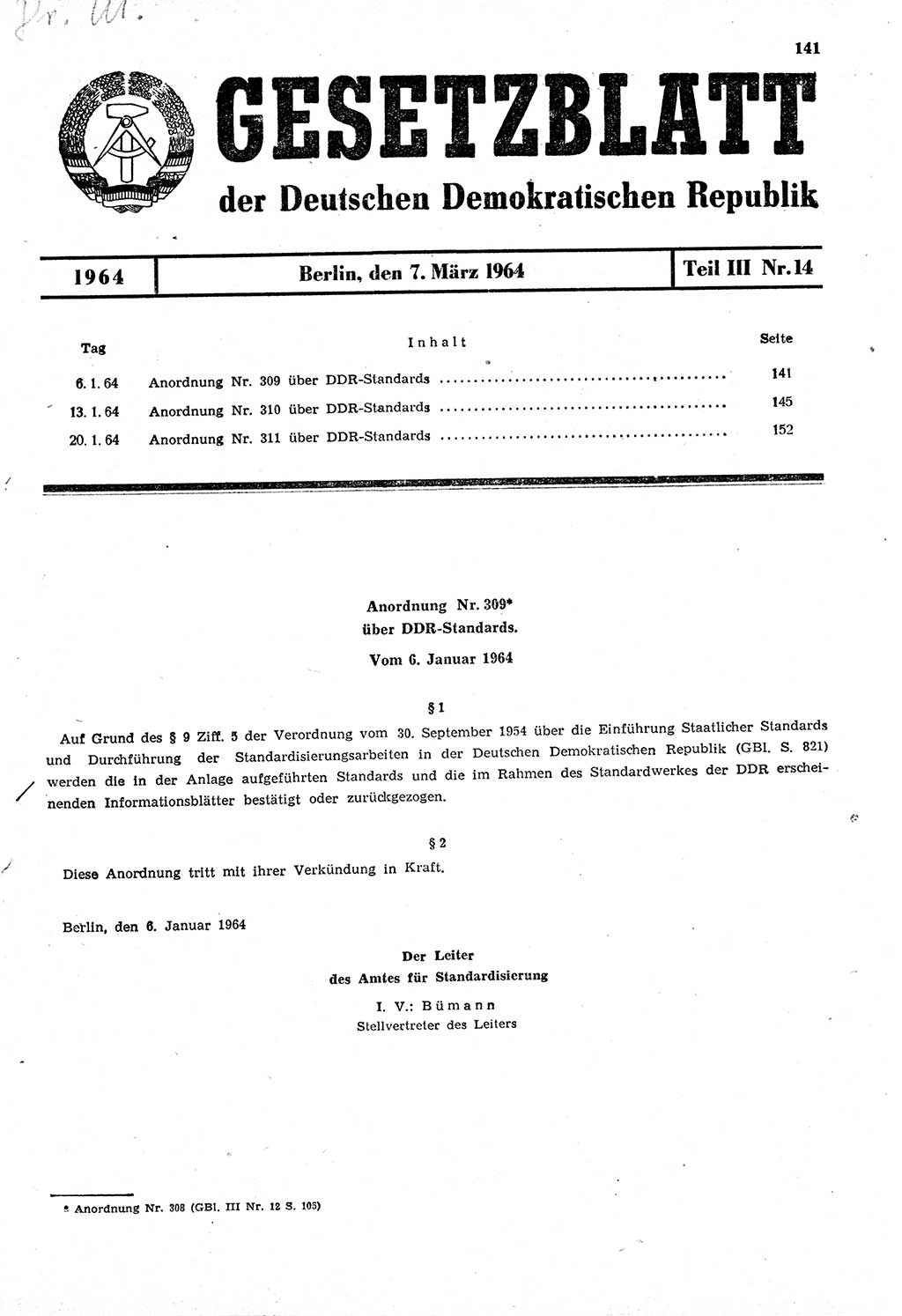 Gesetzblatt (GBl.) der Deutschen Demokratischen Republik (DDR) Teil ⅠⅠⅠ 1964, Seite 141 (GBl. DDR ⅠⅠⅠ 1964, S. 141)