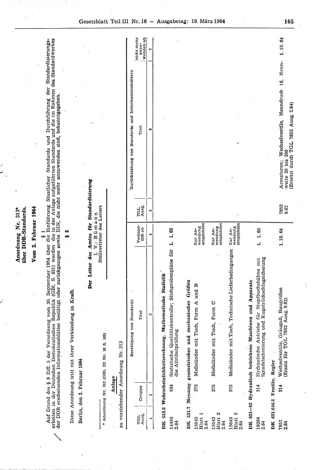 Gesetzblatt (GBl.) der Deutschen Demokratischen Republik (DDR) Teil ⅠⅠⅠ 1964, Seite 165 (GBl. DDR ⅠⅠⅠ 1964, S. 165)