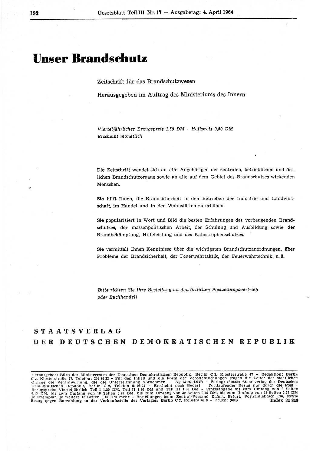 Gesetzblatt (GBl.) der Deutschen Demokratischen Republik (DDR) Teil ⅠⅠⅠ 1964, Seite 192 (GBl. DDR ⅠⅠⅠ 1964, S. 192)