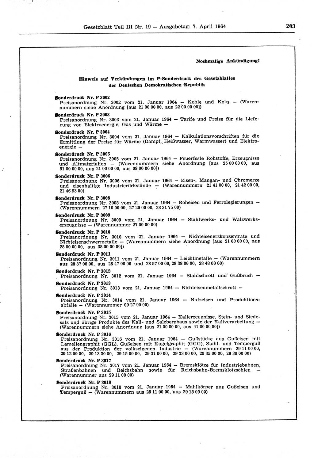 Gesetzblatt (GBl.) der Deutschen Demokratischen Republik (DDR) Teil ⅠⅠⅠ 1964, Seite 203 (GBl. DDR ⅠⅠⅠ 1964, S. 203)