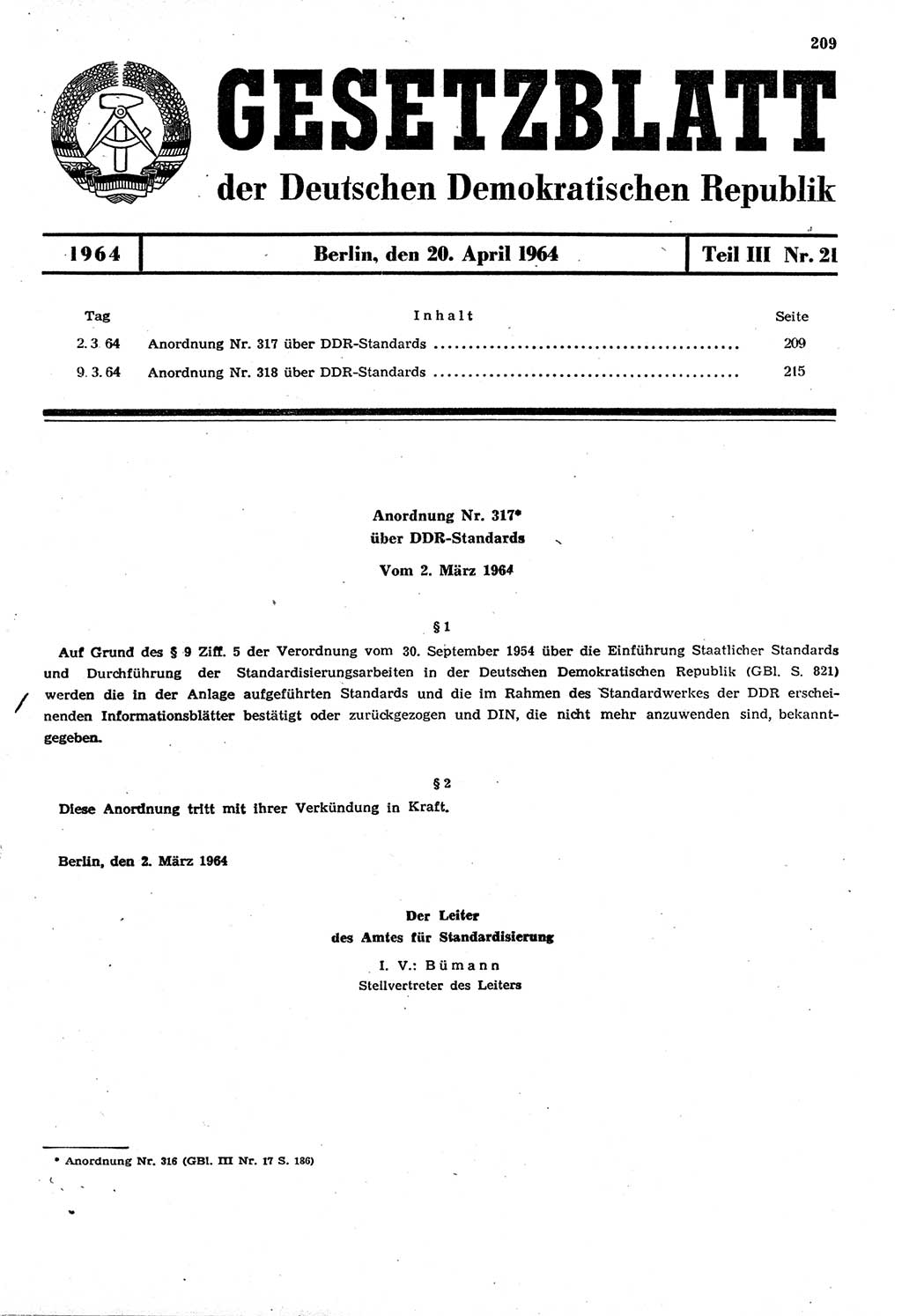 Gesetzblatt (GBl.) der Deutschen Demokratischen Republik (DDR) Teil ⅠⅠⅠ 1964, Seite 209 (GBl. DDR ⅠⅠⅠ 1964, S. 209)