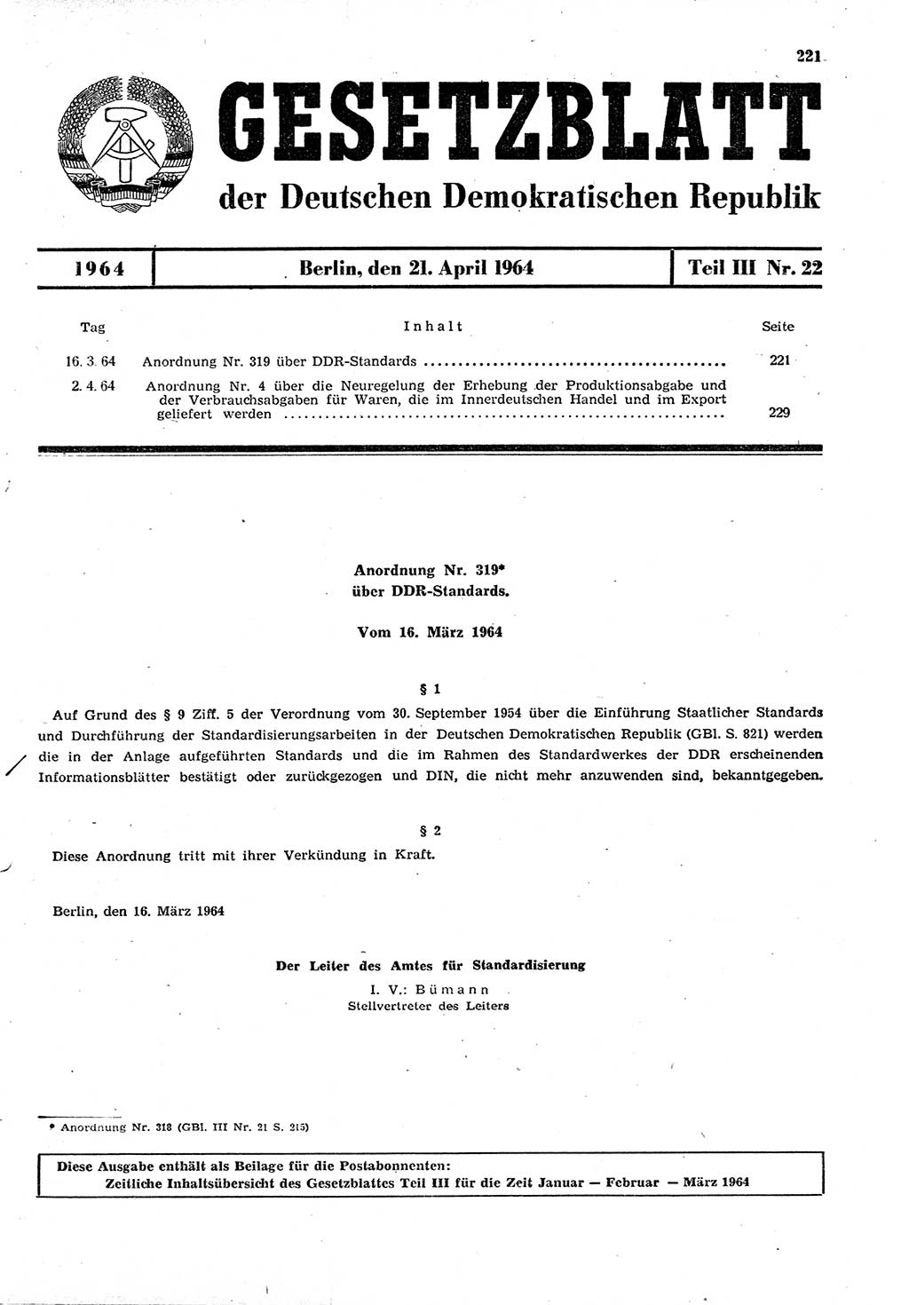 Gesetzblatt (GBl.) der Deutschen Demokratischen Republik (DDR) Teil ⅠⅠⅠ 1964, Seite 221 (GBl. DDR ⅠⅠⅠ 1964, S. 221)