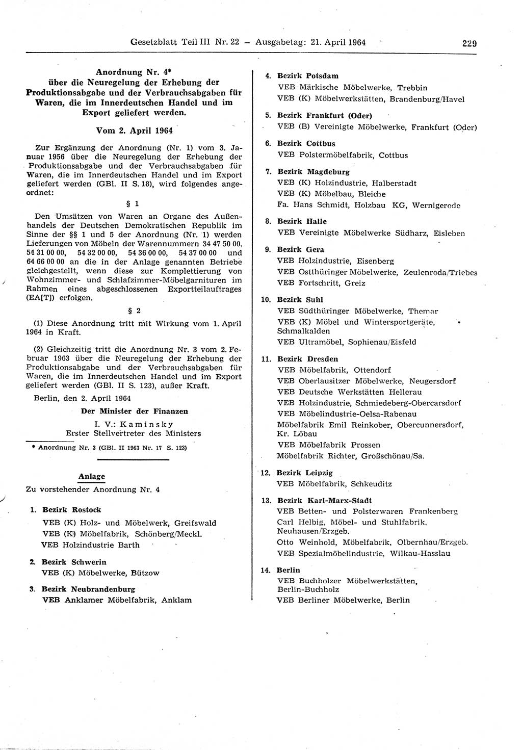 Gesetzblatt (GBl.) der Deutschen Demokratischen Republik (DDR) Teil ⅠⅠⅠ 1964, Seite 229 (GBl. DDR ⅠⅠⅠ 1964, S. 229)