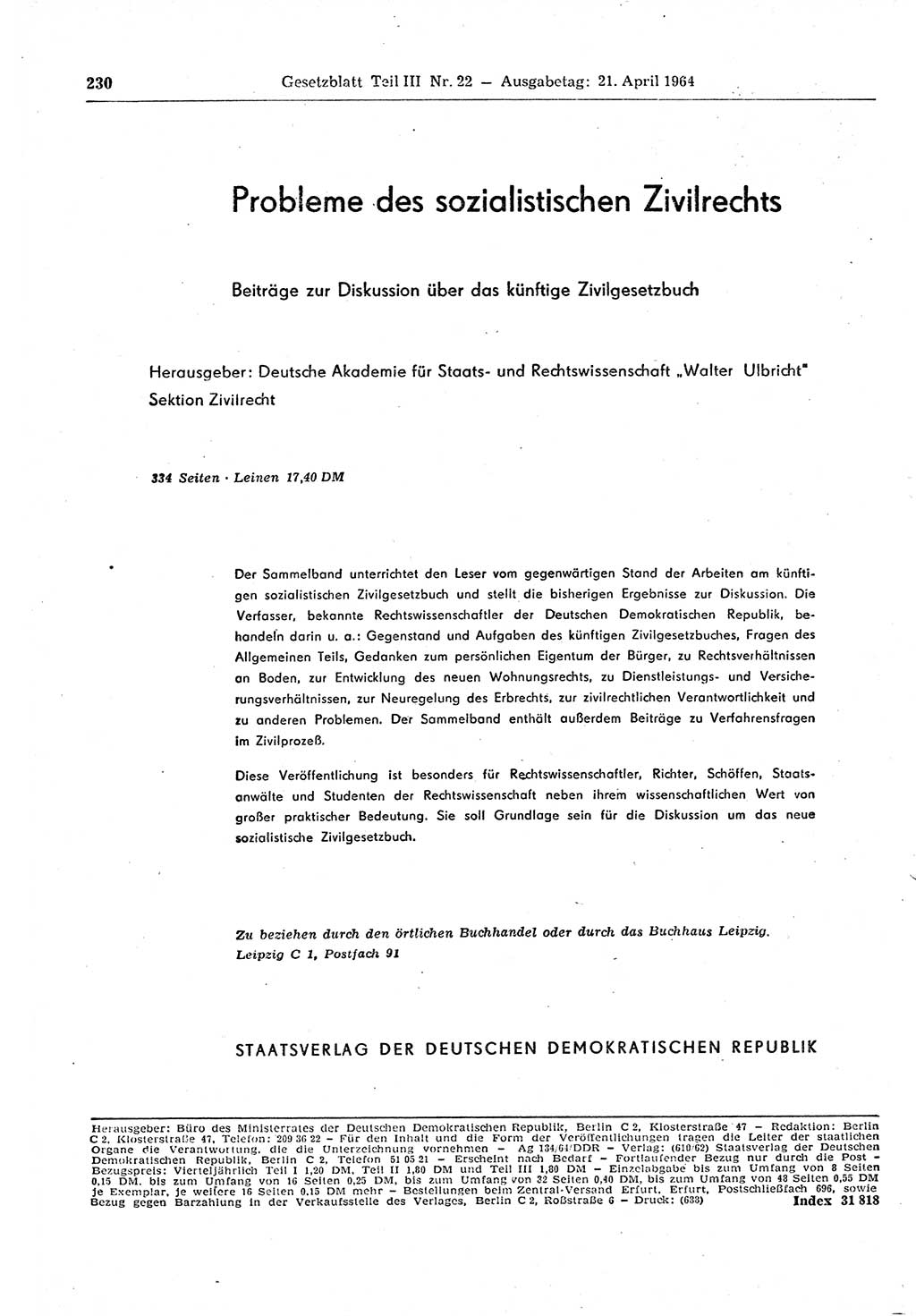 Gesetzblatt (GBl.) der Deutschen Demokratischen Republik (DDR) Teil ⅠⅠⅠ 1964, Seite 230 (GBl. DDR ⅠⅠⅠ 1964, S. 230)