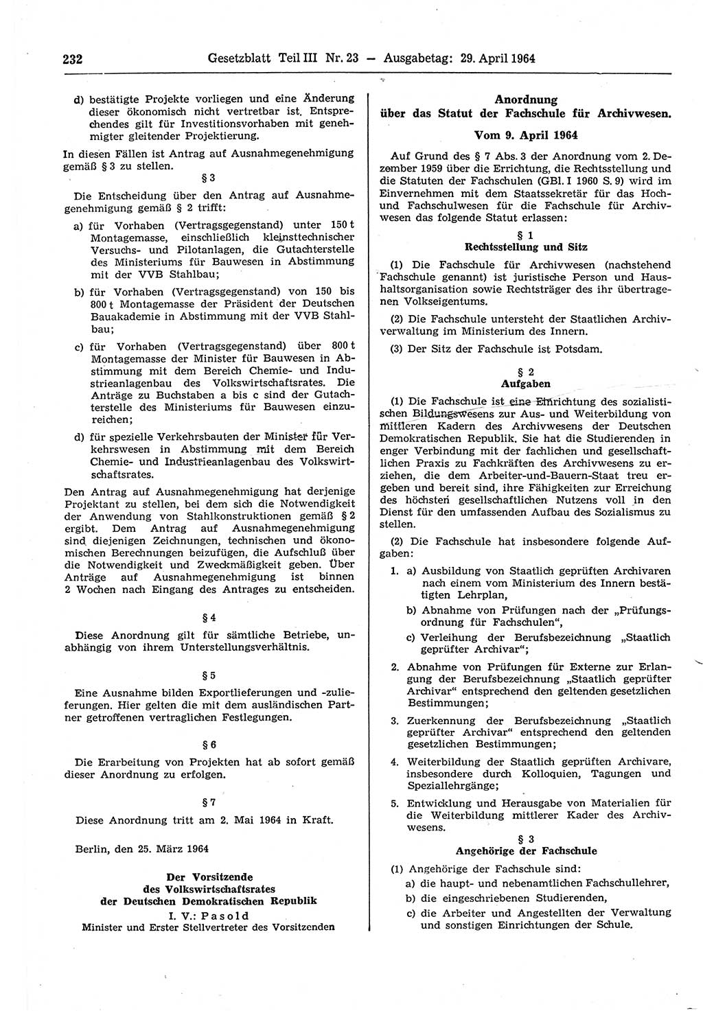 Gesetzblatt (GBl.) der Deutschen Demokratischen Republik (DDR) Teil ⅠⅠⅠ 1964, Seite 232 (GBl. DDR ⅠⅠⅠ 1964, S. 232)