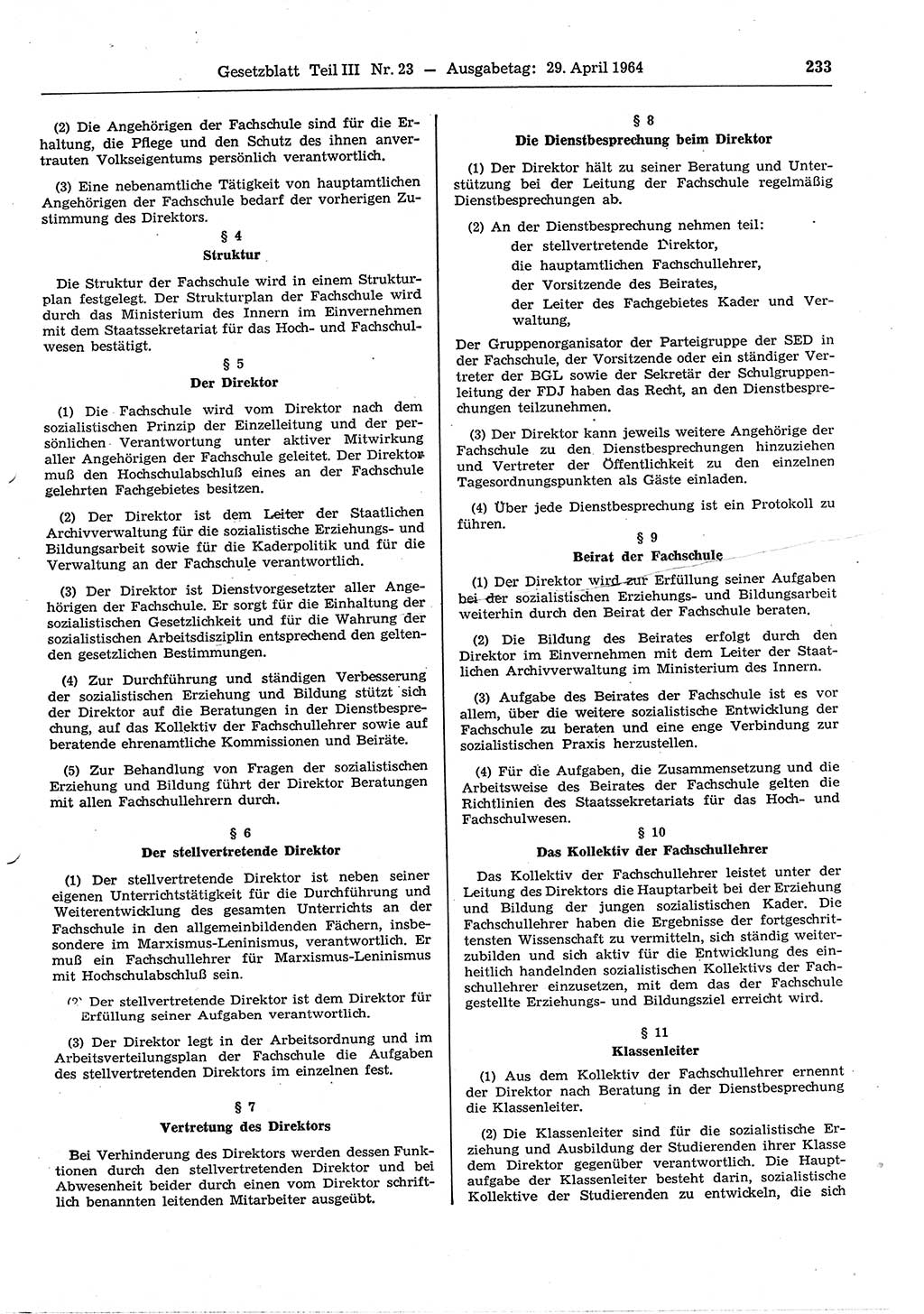 Gesetzblatt (GBl.) der Deutschen Demokratischen Republik (DDR) Teil ⅠⅠⅠ 1964, Seite 233 (GBl. DDR ⅠⅠⅠ 1964, S. 233)