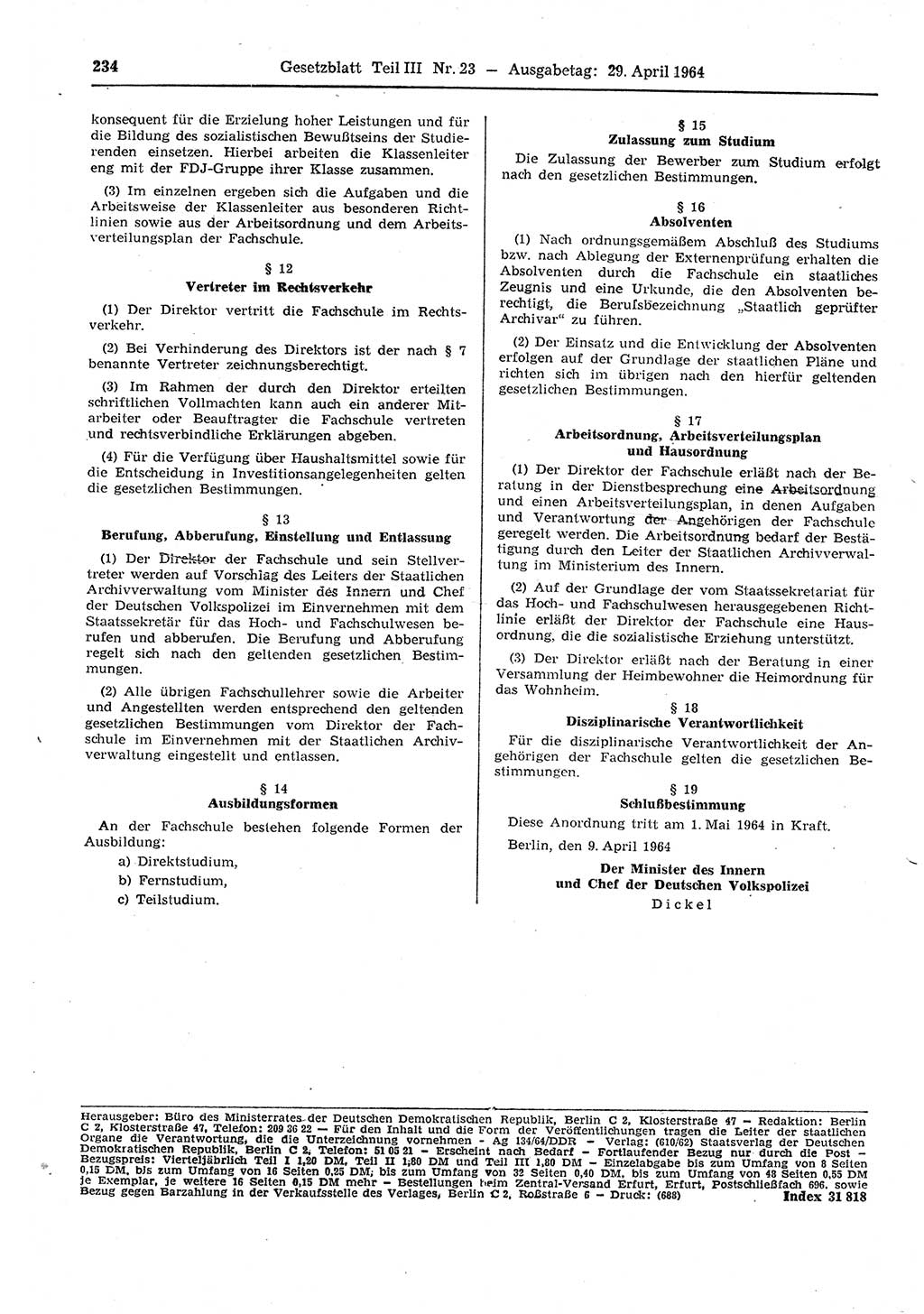 Gesetzblatt (GBl.) der Deutschen Demokratischen Republik (DDR) Teil ⅠⅠⅠ 1964, Seite 234 (GBl. DDR ⅠⅠⅠ 1964, S. 234)