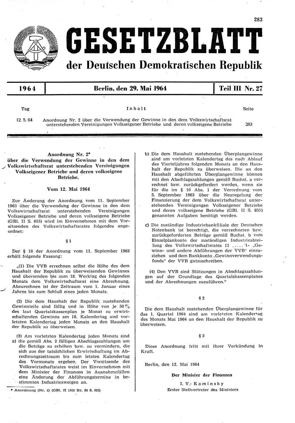 Gesetzblatt (GBl.) der Deutschen Demokratischen Republik (DDR) Teil ⅠⅠⅠ 1964, Seite 283 (GBl. DDR ⅠⅠⅠ 1964, S. 283)