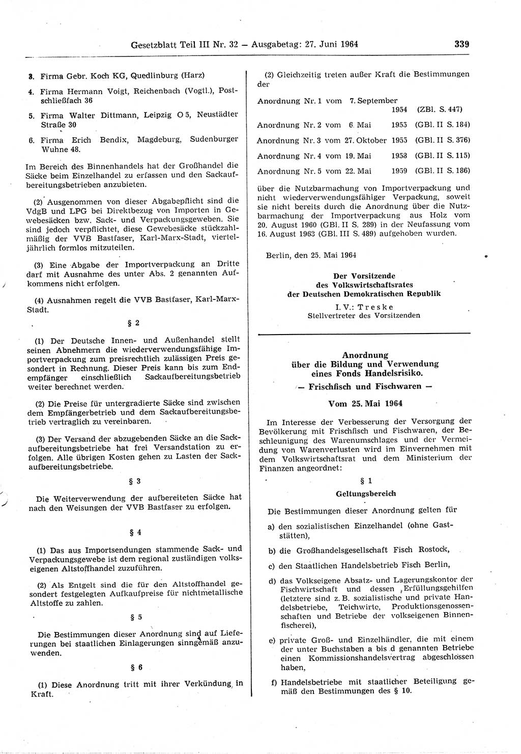 Gesetzblatt (GBl.) der Deutschen Demokratischen Republik (DDR) Teil ⅠⅠⅠ 1964, Seite 339 (GBl. DDR ⅠⅠⅠ 1964, S. 339)