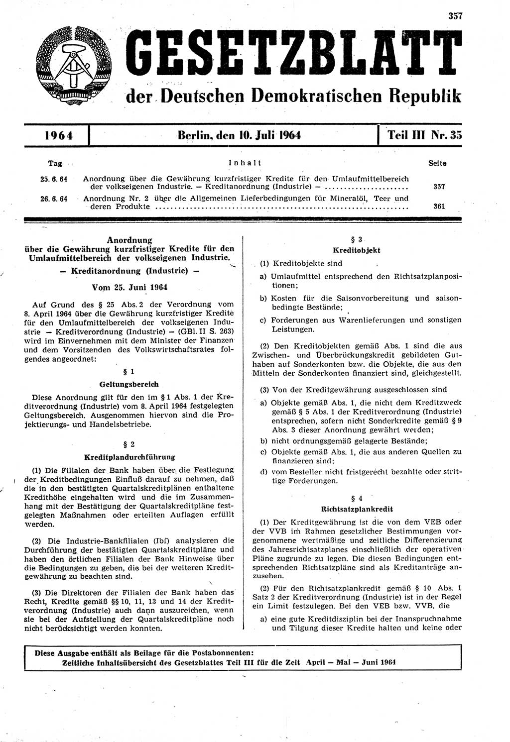 Gesetzblatt (GBl.) der Deutschen Demokratischen Republik (DDR) Teil ⅠⅠⅠ 1964, Seite 357 (GBl. DDR ⅠⅠⅠ 1964, S. 357)