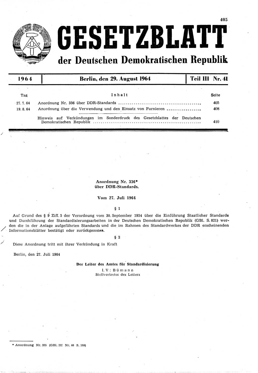 Gesetzblatt (GBl.) der Deutschen Demokratischen Republik (DDR) Teil ⅠⅠⅠ 1964, Seite 405 (GBl. DDR ⅠⅠⅠ 1964, S. 405)