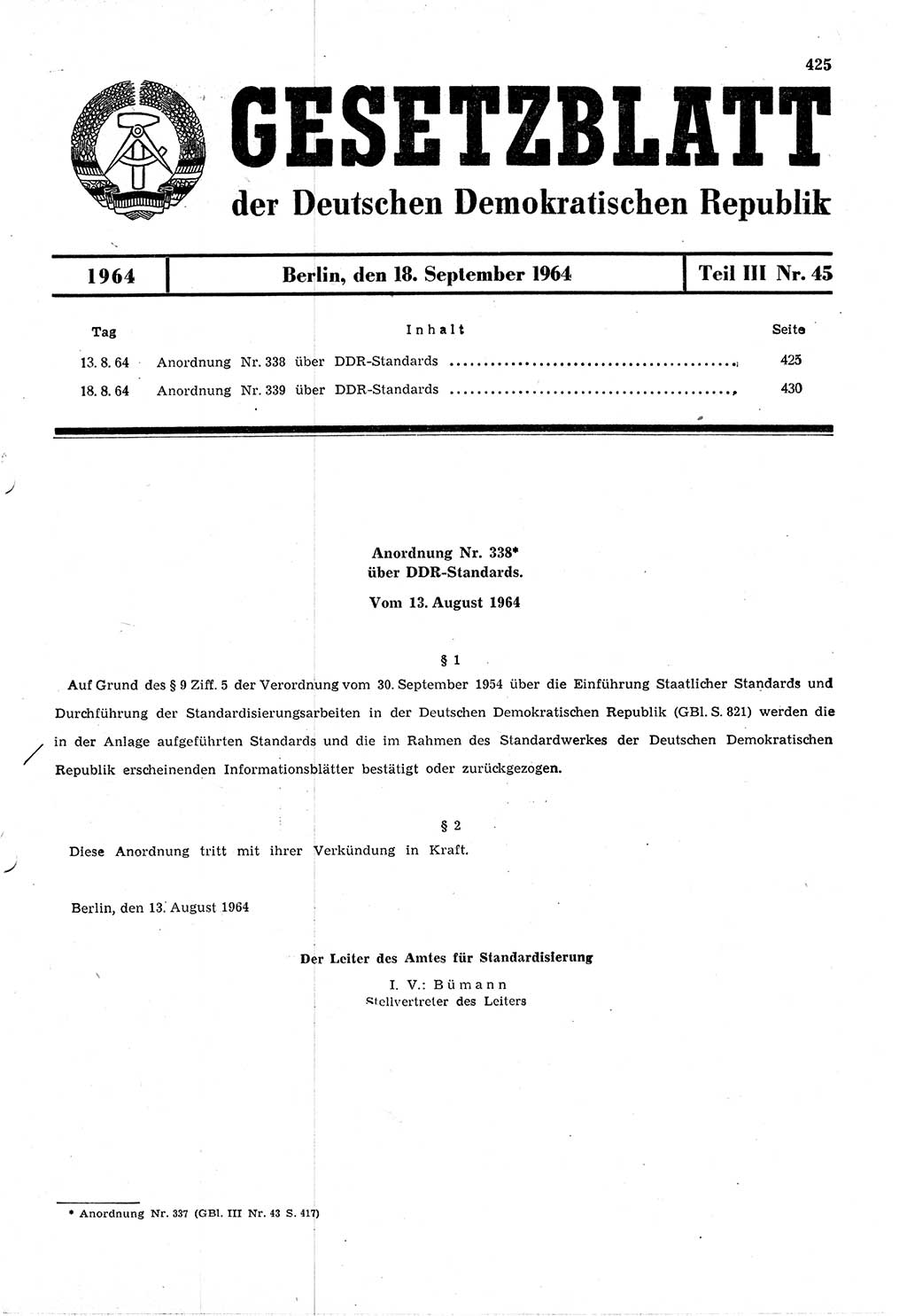 Gesetzblatt (GBl.) der Deutschen Demokratischen Republik (DDR) Teil ⅠⅠⅠ 1964, Seite 425 (GBl. DDR ⅠⅠⅠ 1964, S. 425)