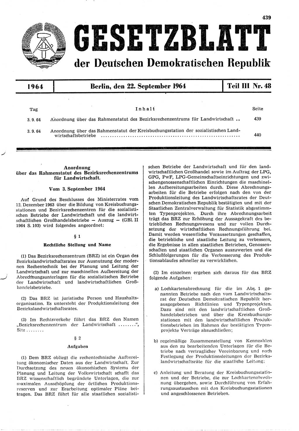 Gesetzblatt (GBl.) der Deutschen Demokratischen Republik (DDR) Teil ⅠⅠⅠ 1964, Seite 439 (GBl. DDR ⅠⅠⅠ 1964, S. 439)
