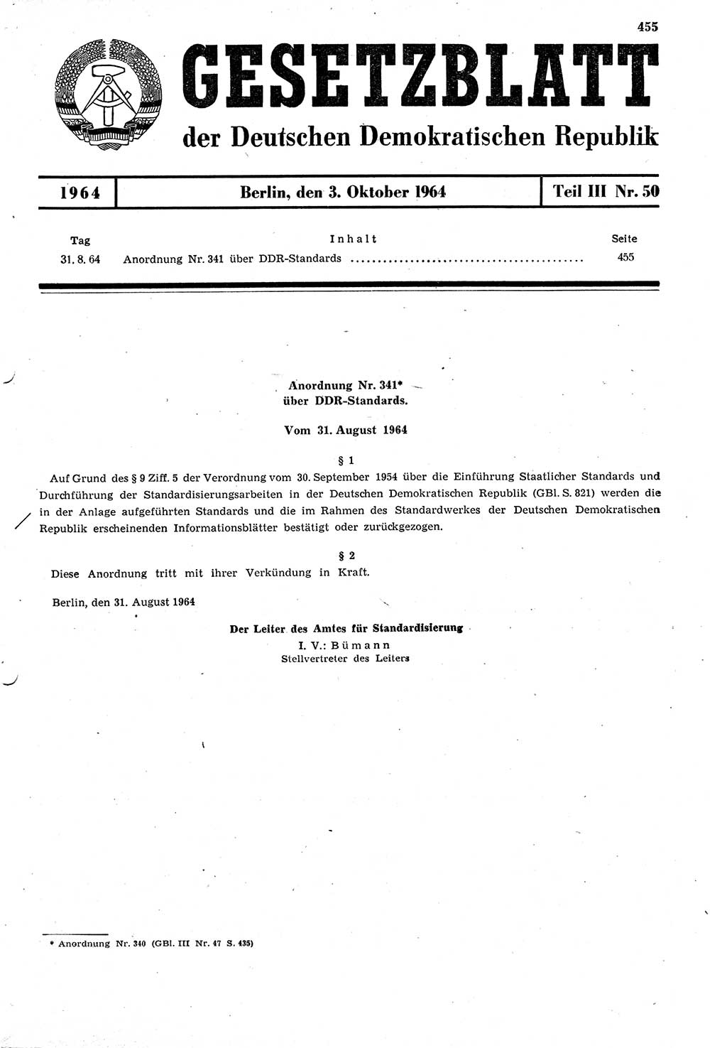 Gesetzblatt (GBl.) der Deutschen Demokratischen Republik (DDR) Teil ⅠⅠⅠ 1964, Seite 455 (GBl. DDR ⅠⅠⅠ 1964, S. 455)