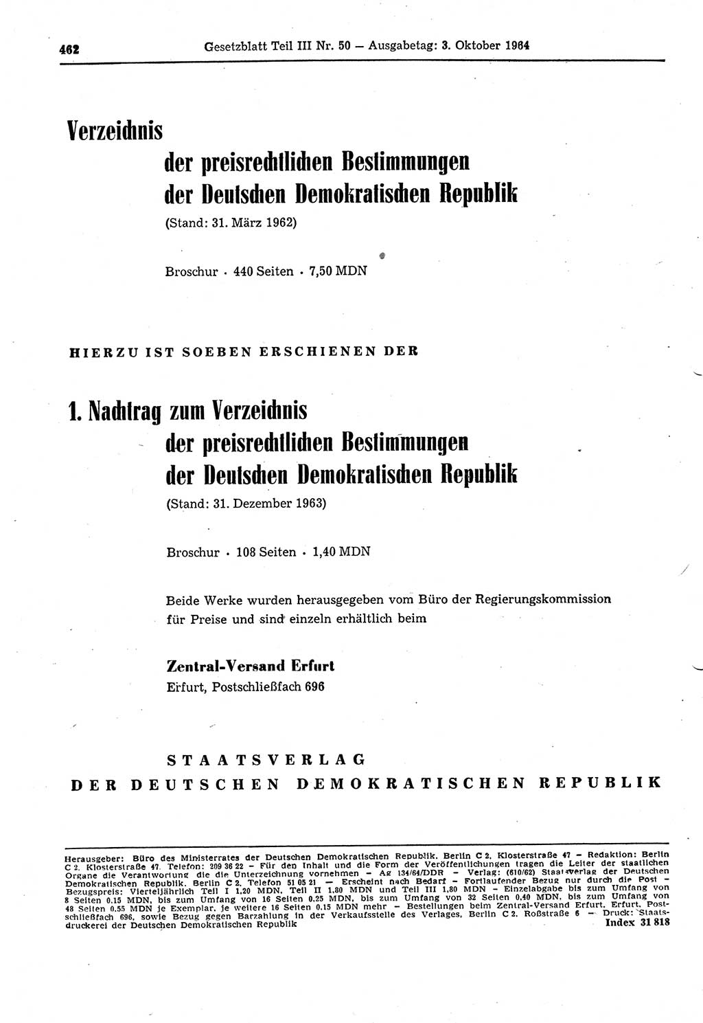 Gesetzblatt (GBl.) der Deutschen Demokratischen Republik (DDR) Teil ⅠⅠⅠ 1964, Seite 462 (GBl. DDR ⅠⅠⅠ 1964, S. 462)