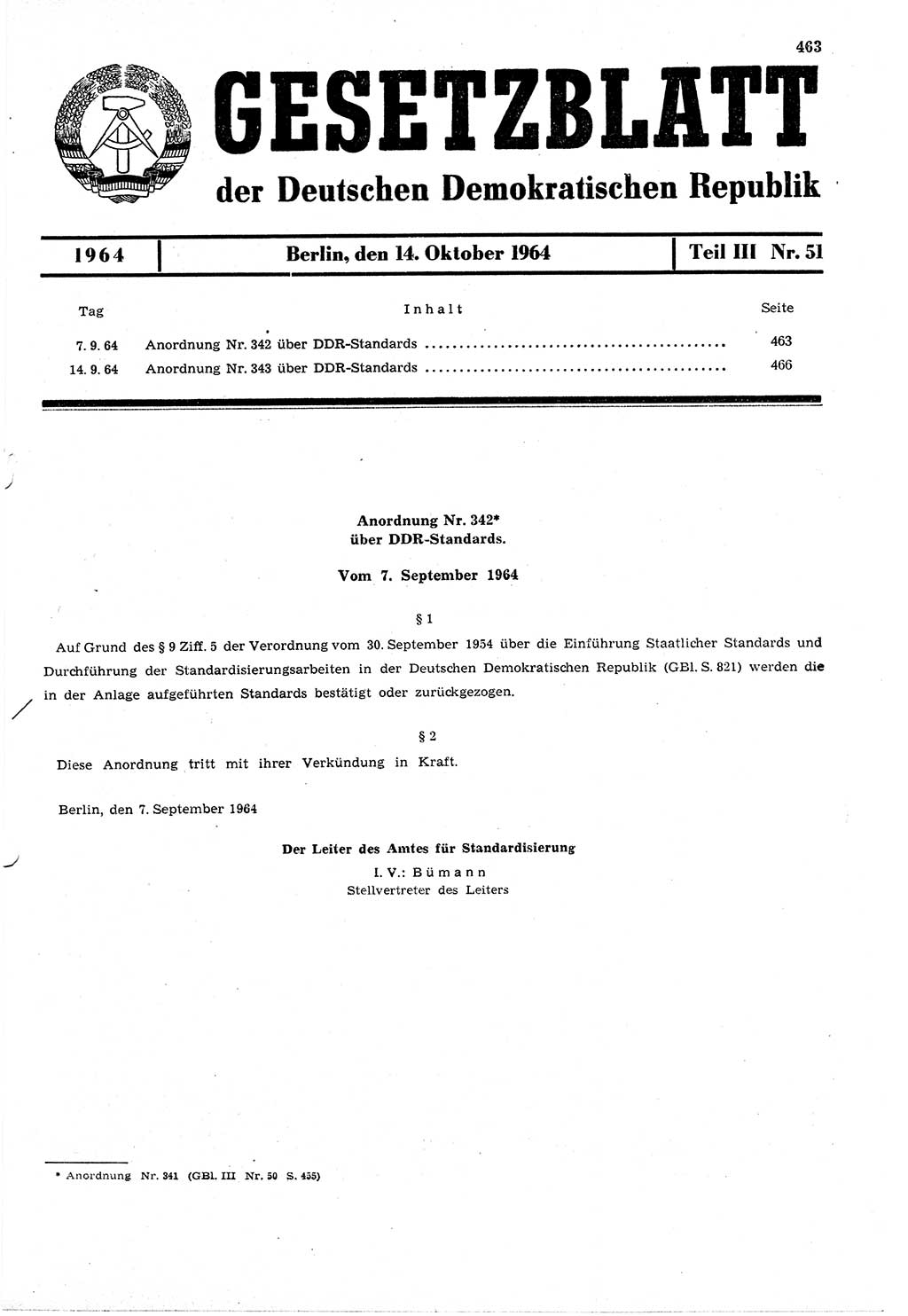 Gesetzblatt (GBl.) der Deutschen Demokratischen Republik (DDR) Teil ⅠⅠⅠ 1964, Seite 463 (GBl. DDR ⅠⅠⅠ 1964, S. 463)