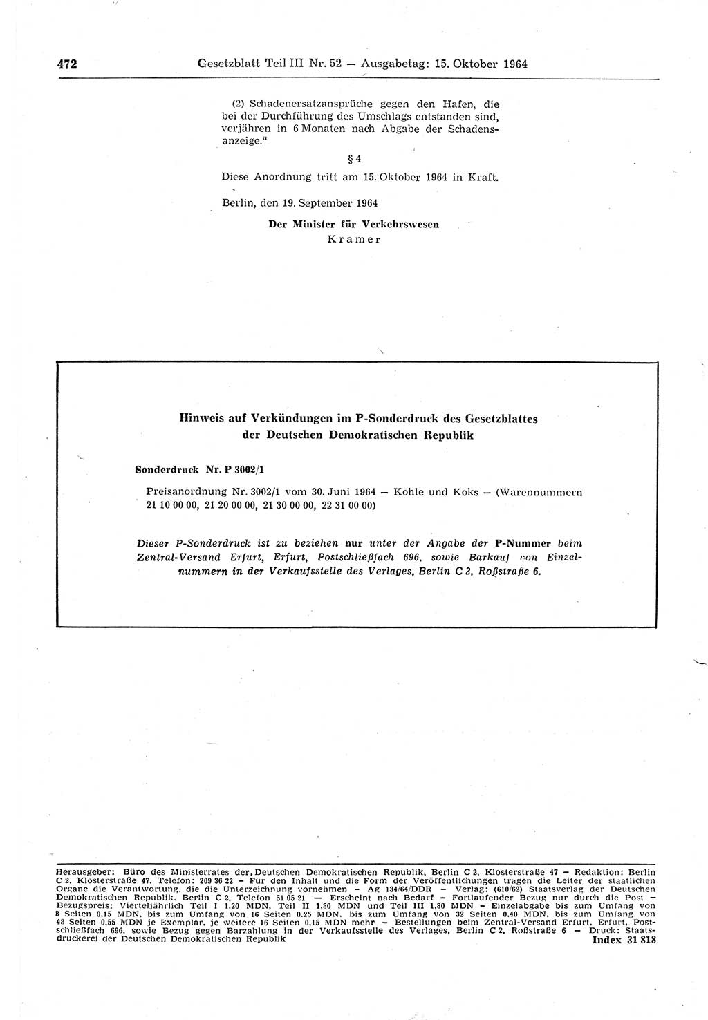 Gesetzblatt (GBl.) der Deutschen Demokratischen Republik (DDR) Teil ⅠⅠⅠ 1964, Seite 472 (GBl. DDR ⅠⅠⅠ 1964, S. 472)