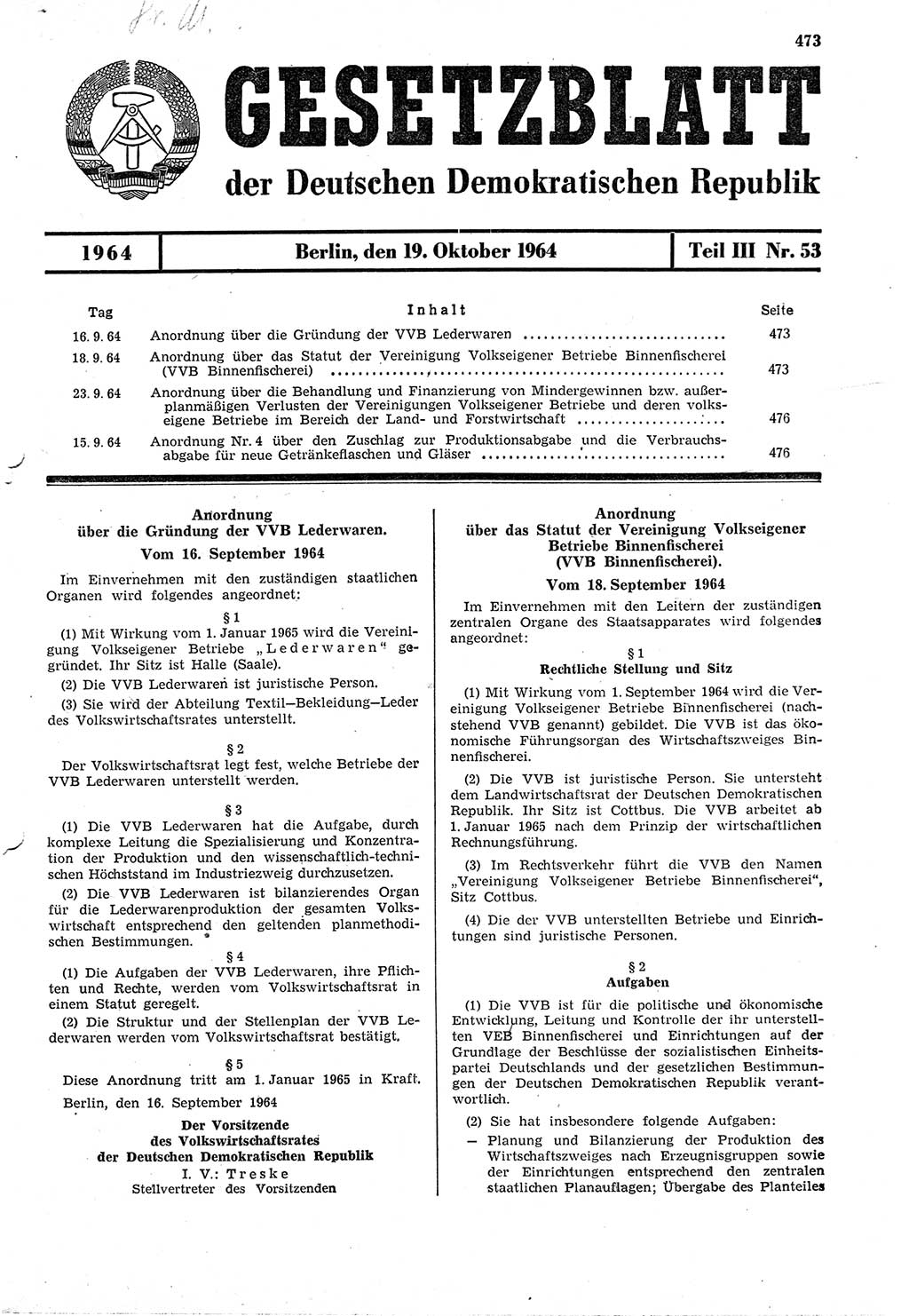 Gesetzblatt (GBl.) der Deutschen Demokratischen Republik (DDR) Teil ⅠⅠⅠ 1964, Seite 473 (GBl. DDR ⅠⅠⅠ 1964, S. 473)